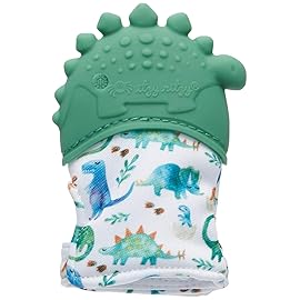 Itzy Ritzy Silicone Teething Mitt - Soothing Infant Teething Mitten with Adjustable Strap, Crinkle Sound & Textured Silicone to Soothe Sore & Swollen Gums - for Ages 3 Months & Up (Green Dinosaur)