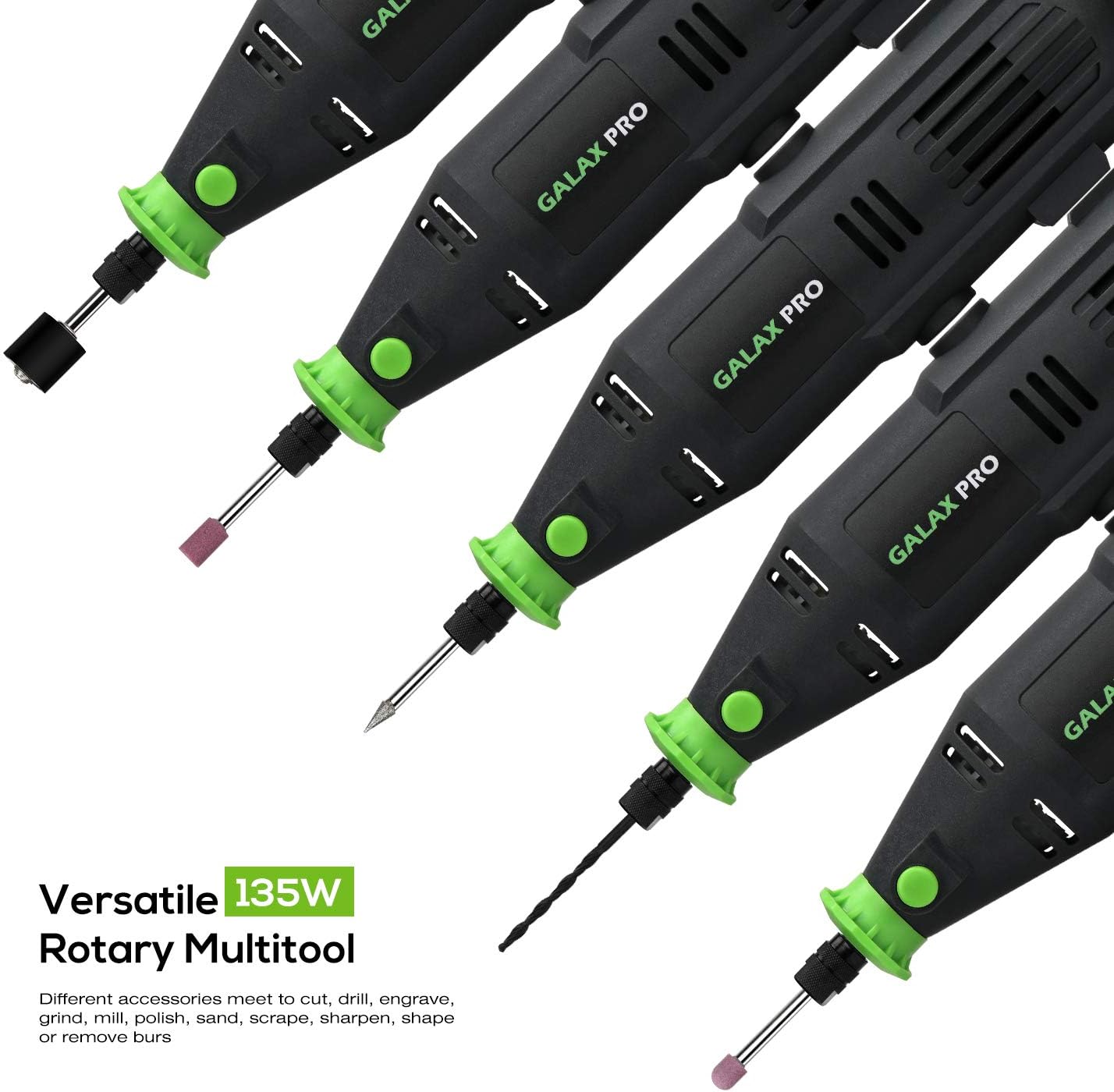 Flere views of the GALAX PRO rotary tool with different accessories for various tasks