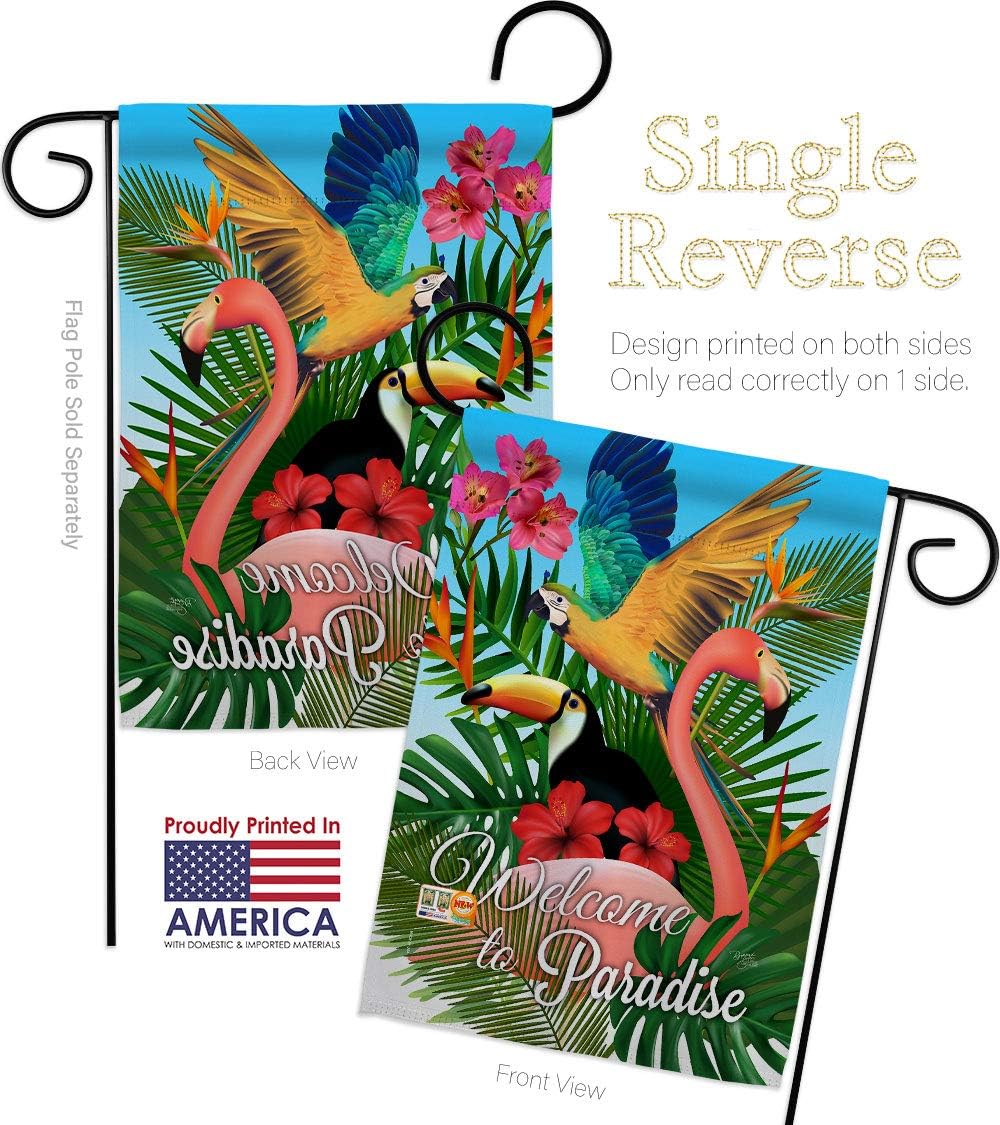 Breeze Decor Tropical Bird Paradise Garden Flag Set Wall Holder Summertime Ocean Beach Seashells Pineapple Outdoor Summer Aloha Small Decorative Gift Yard House Banner Made in USA 13 X 18.5