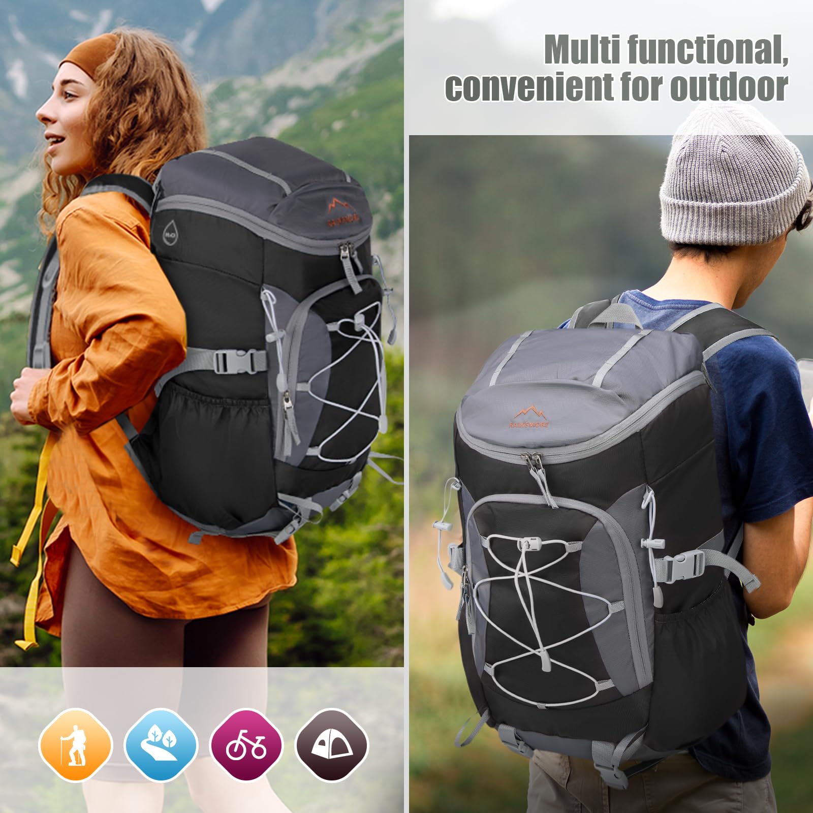 RAINSMORE Plecak turystyczny 40 l, składany, lekki plecak dla mężczyzn z wentylowanym panelem tylnym, wodoodporny plecak podróżny, plecak na spacery, kemping, trekking, jazdę na rowerze na świeżym