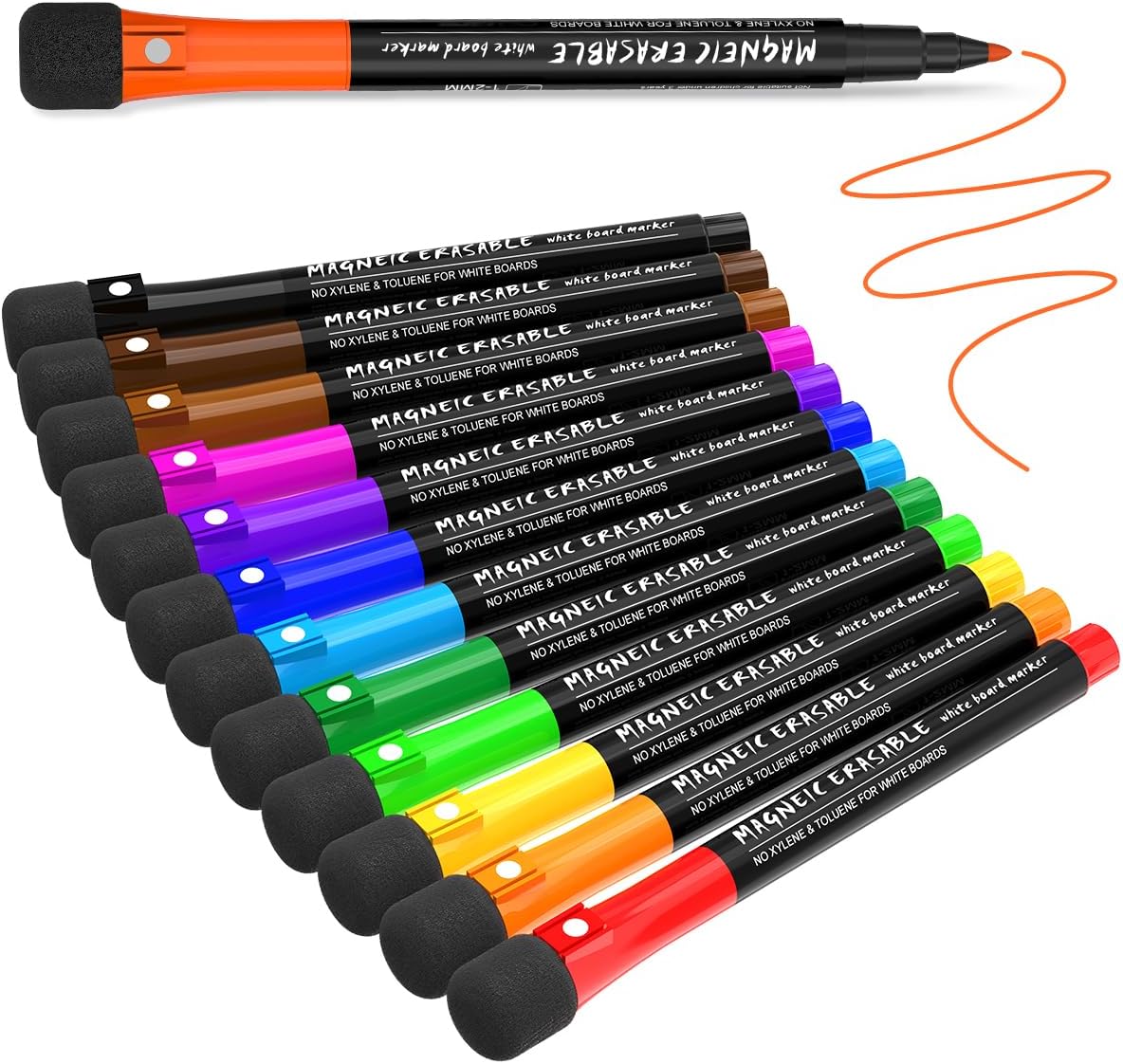 Magnetic Dry Erase Markers Fine Point Tip, 12 Colors White Board Markers Dry Erase Marker with Eraser Cap, Low Odor Whiteboard Markers Thin Marking for Teachers Office School Supplies