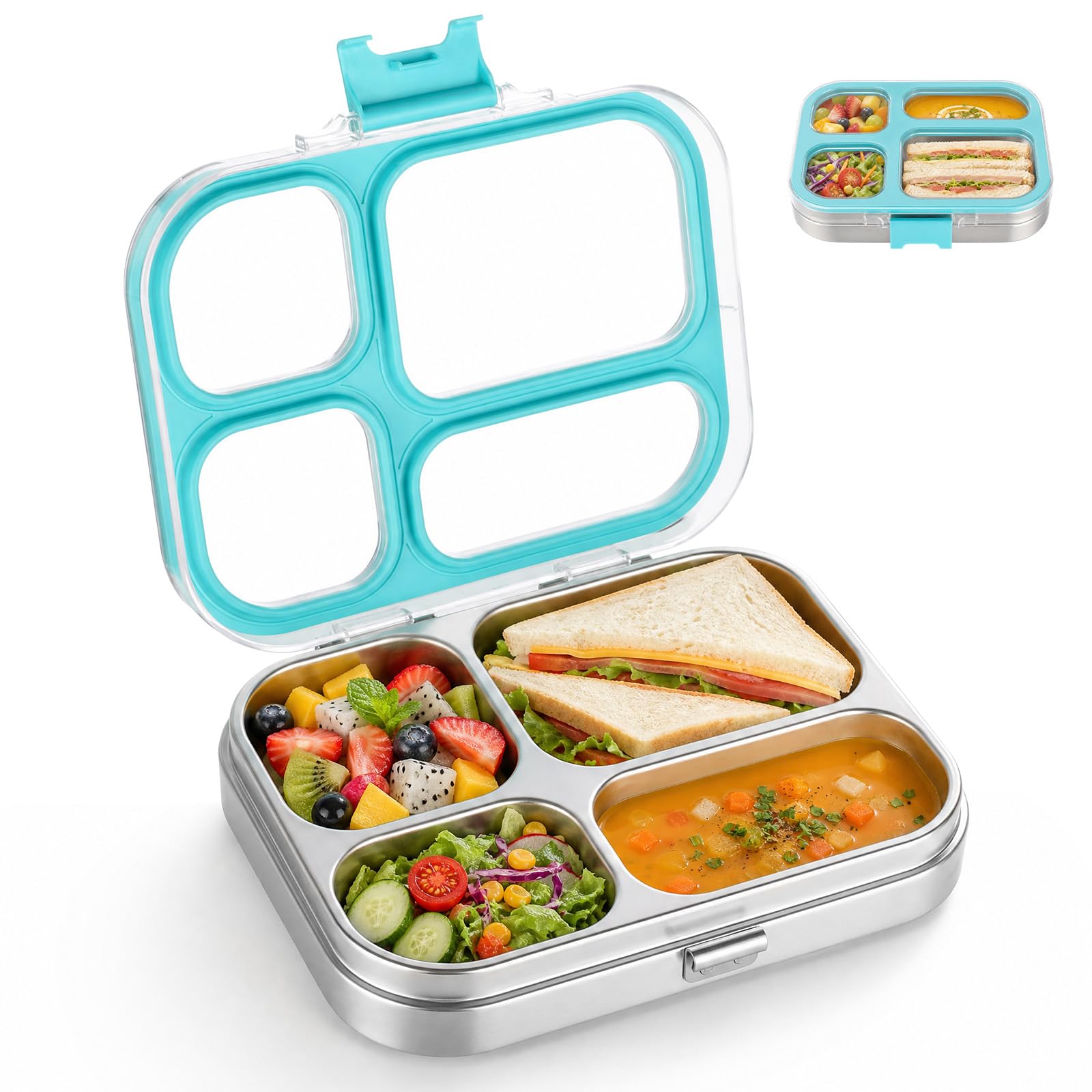 Cozary Boîte à Déjeuner en Acier Inoxydable, 800ml, avec 4 Compartiments, sans BPA, Portable, Passe au Lave-Vaisselle, pour l'École, Le Bureau, les Déplacements, Bleu