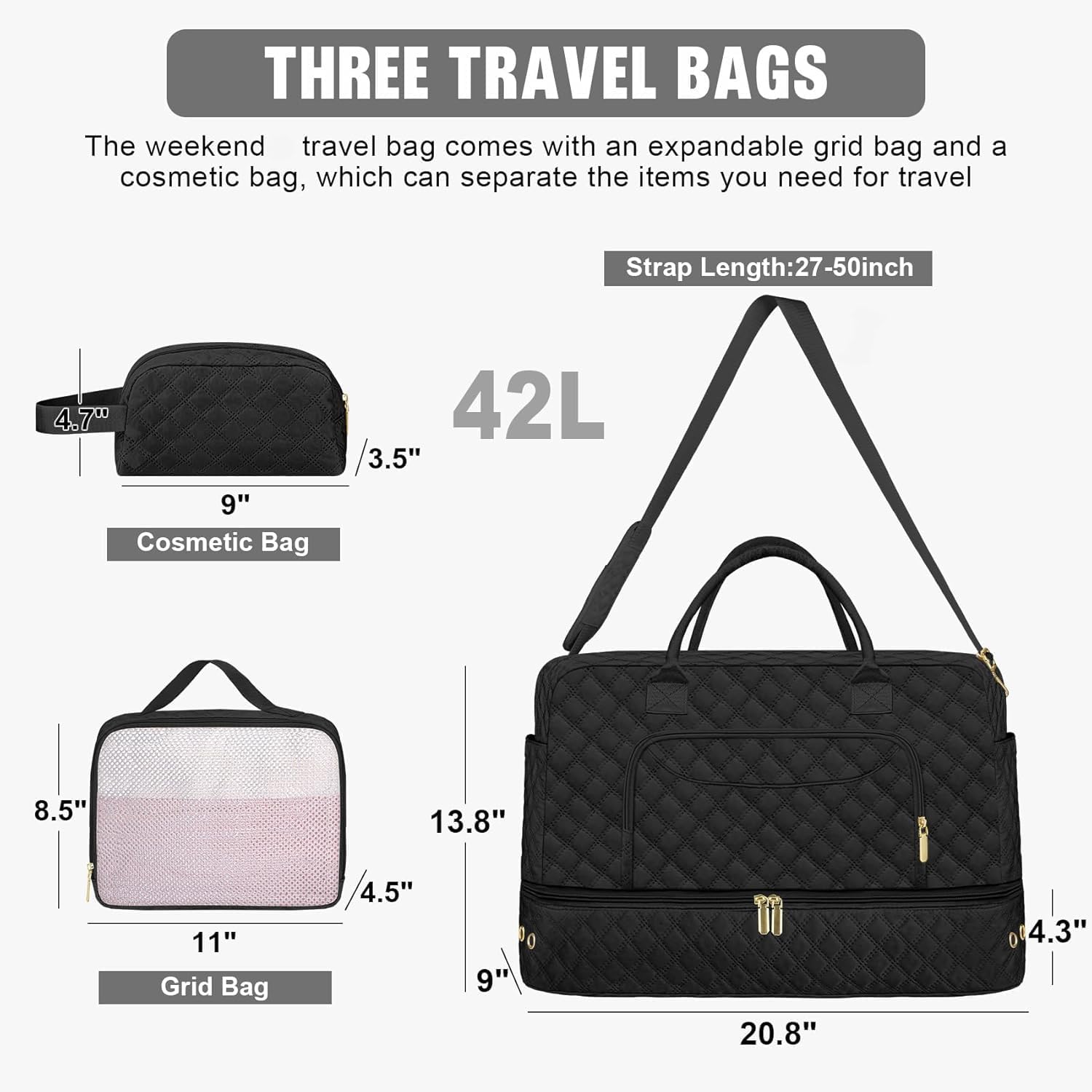 Extra Large Travel Duffel Bag, Weekender Bags for Women with Shoe Compartment, Personal Item Travel Bag with Wet Pocket for Carry on Overnight, Hamper with Handles for Laundry, Black