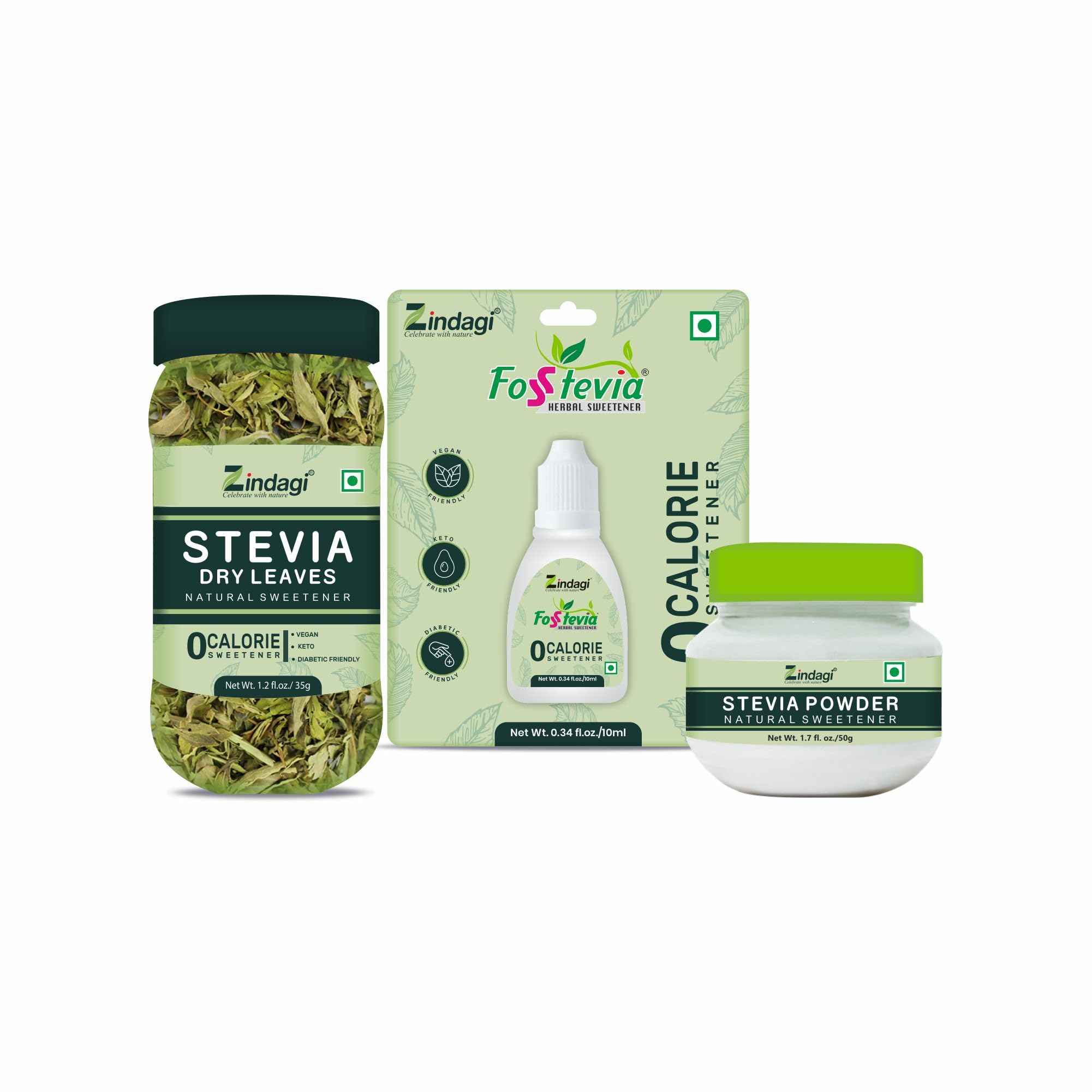 Zindagi Stevia Dry Leaves 35Gm - Stevia Natural Powder 50Gm - FosStevia Stevia Liquid 10 ml - Natural Sugar Free - Zero Calorie Sweetener (Stevia Combo Pack)