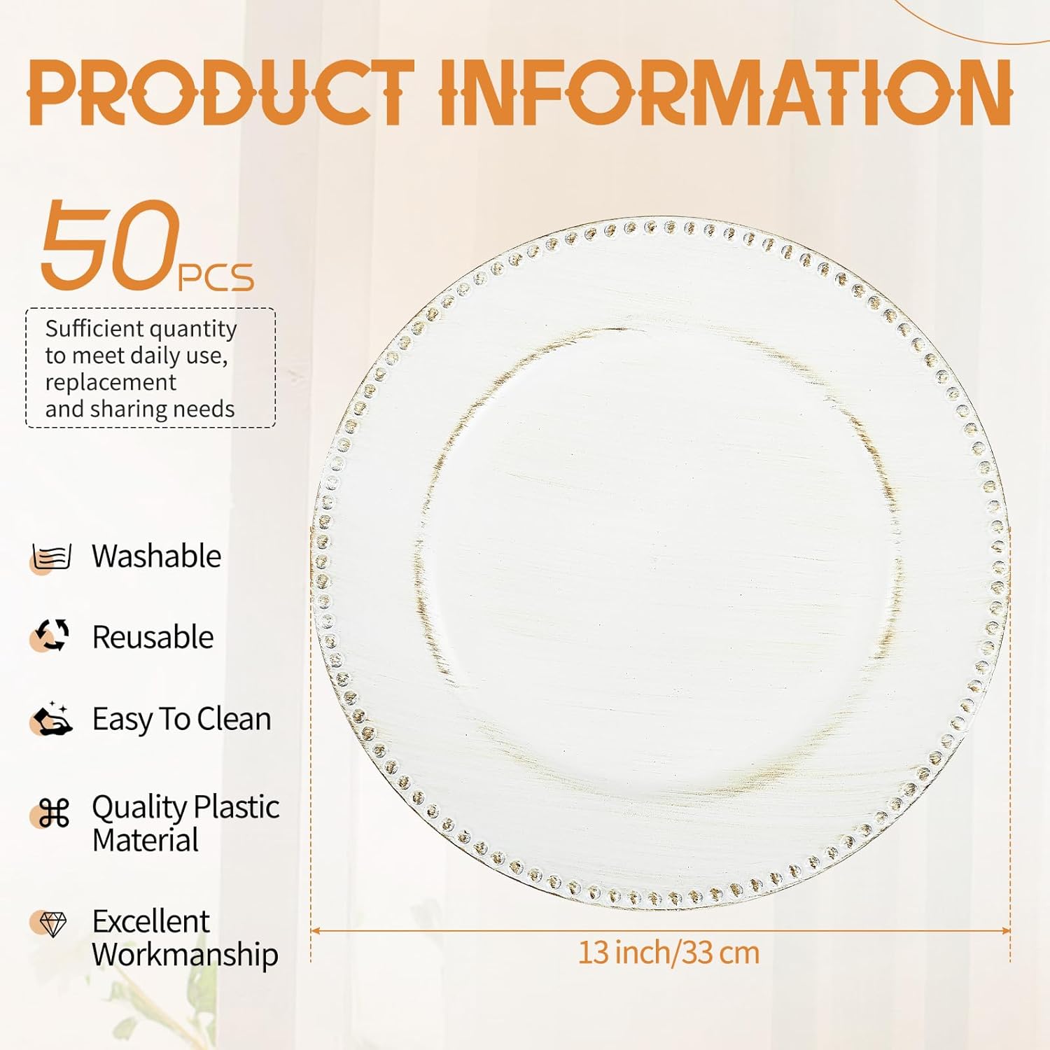 50 Pcs Vintage White Charger Plates Bulk,13 inch Round Beaded Plate Chargers for Dinner Plates, Decorative Dinner Chargers Plastic Table Chargers for Wedding Holiday Party Event Decoration