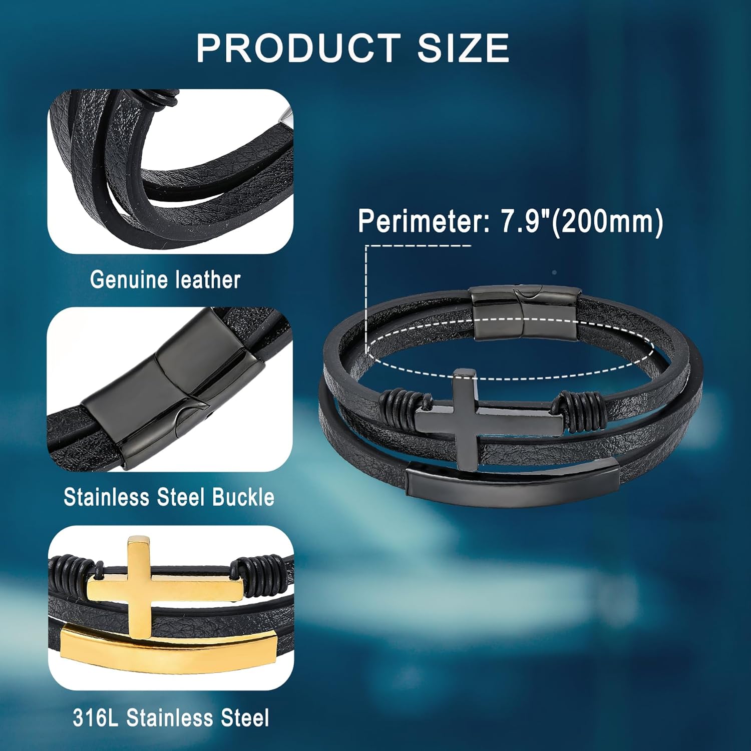 YL Cross Viking Celtic Bracelet, Mens Masonic/Owl/Beaded/Tiger Eyes/Cuban Chain/Ankh/Compass/Letter Stainless Steel Black/Brown Leather Jewelry Gifts Women - Image 7