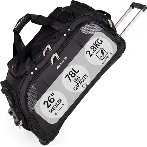 Lightweight Large Holdall with Wheels - Roller Bag by Pierre Cardin | Durable Stress Tested Skate Wheels | Trolley & Grab Carry Options | Travel Wheeled Duffle Bag CL769, Black, Medium Black 26