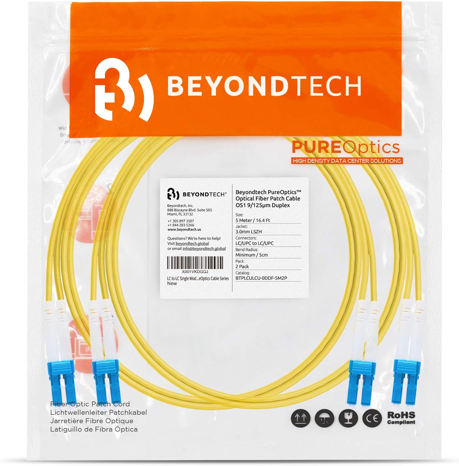 BEYONDTECH 5m (16.4ft) LC to LC Fiber Patch Cable – (2 Pack) UPC Single-Mode Duplex Fiber Optic Cable – 9/125µm core, Compatible with OS1 & OS2 – LSZH PUREOptics Series