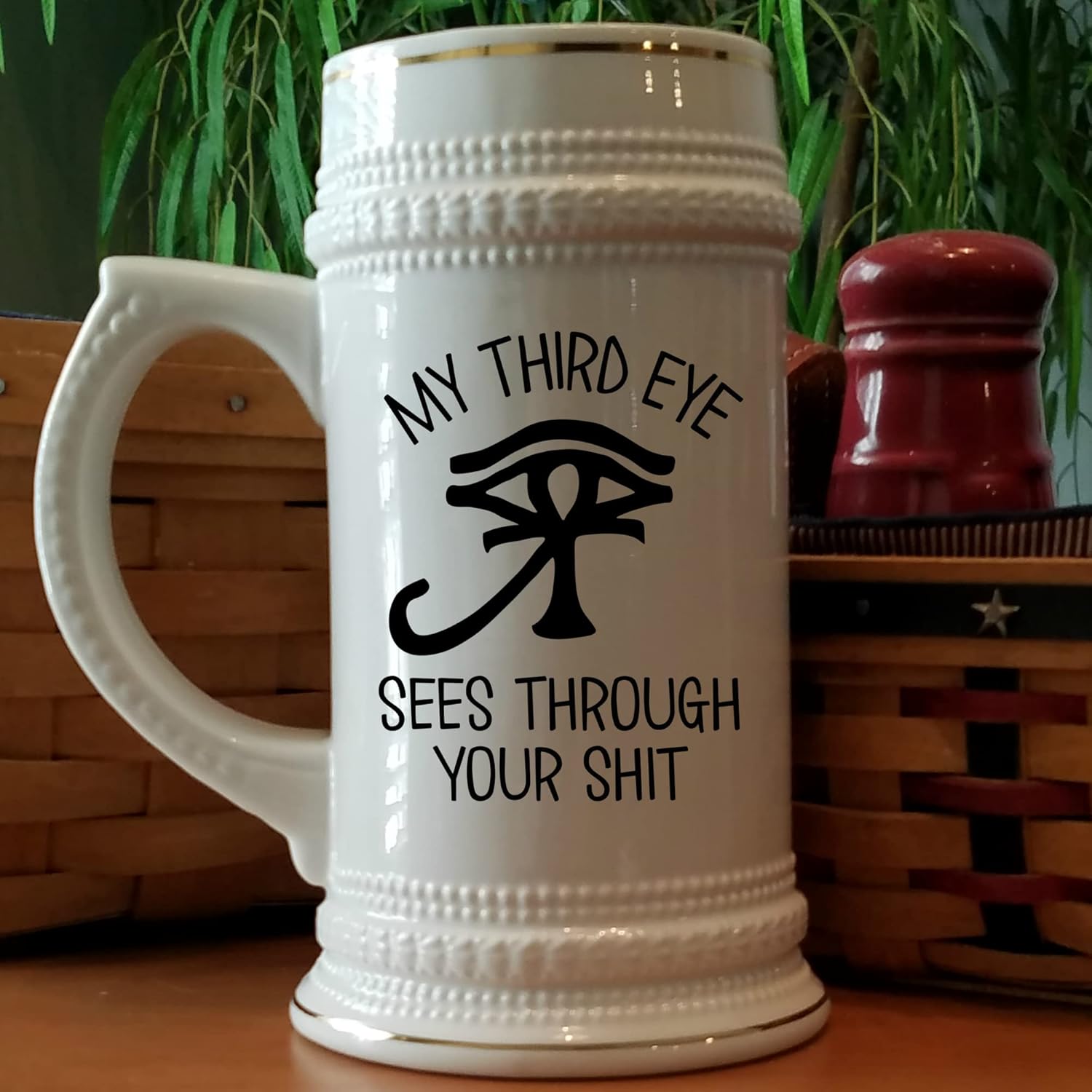 Spiritual Beer Mug Bohemian Meditation My Third Eye Sees Through Your Shit Sarcastic Funny Pineal Gland Gag Jokes 22 Oz. Beer Stein