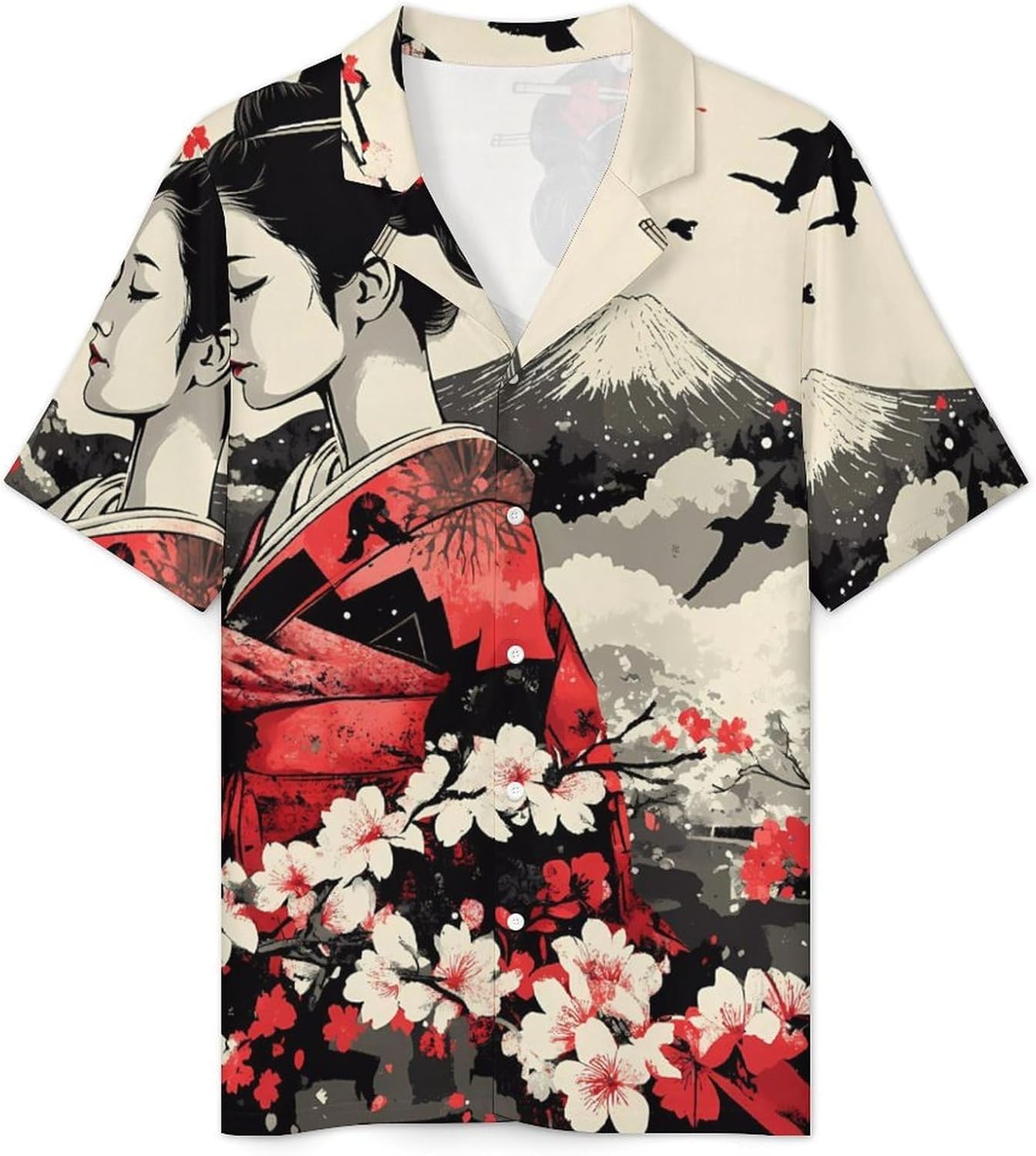 Japanese Geisha Mount Fuji Men's Short Sleeve Pajama Set Satin Silk Like Lounge Sleepwear