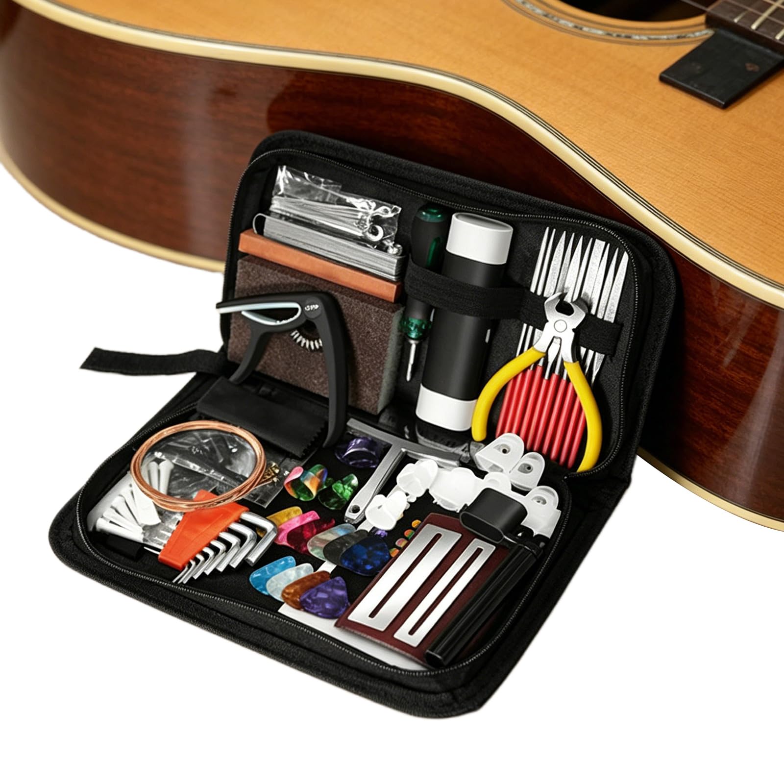 99 szt. zestaw narzędzi do naprawy gitary wielofunkcyjny zestaw naprawczy gitary z torbą do przechowywania akustycznych gitar elektrycznych basowych banjo