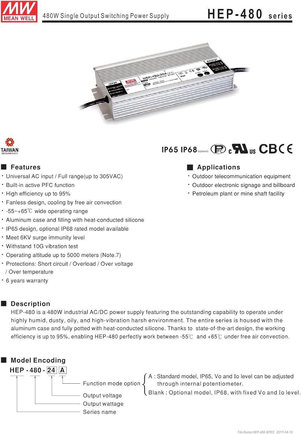 MEAN WELL HEP-480-54A 480W Single Output Switching Power Supply MEANWELL HEP-480