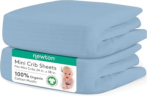 Newton Baby Sábanas bajeras para cuna pequeña (paquete de 2)  Sábanas de algodón de muselina orgánico, transpirables y suaves, sábanas de colchón