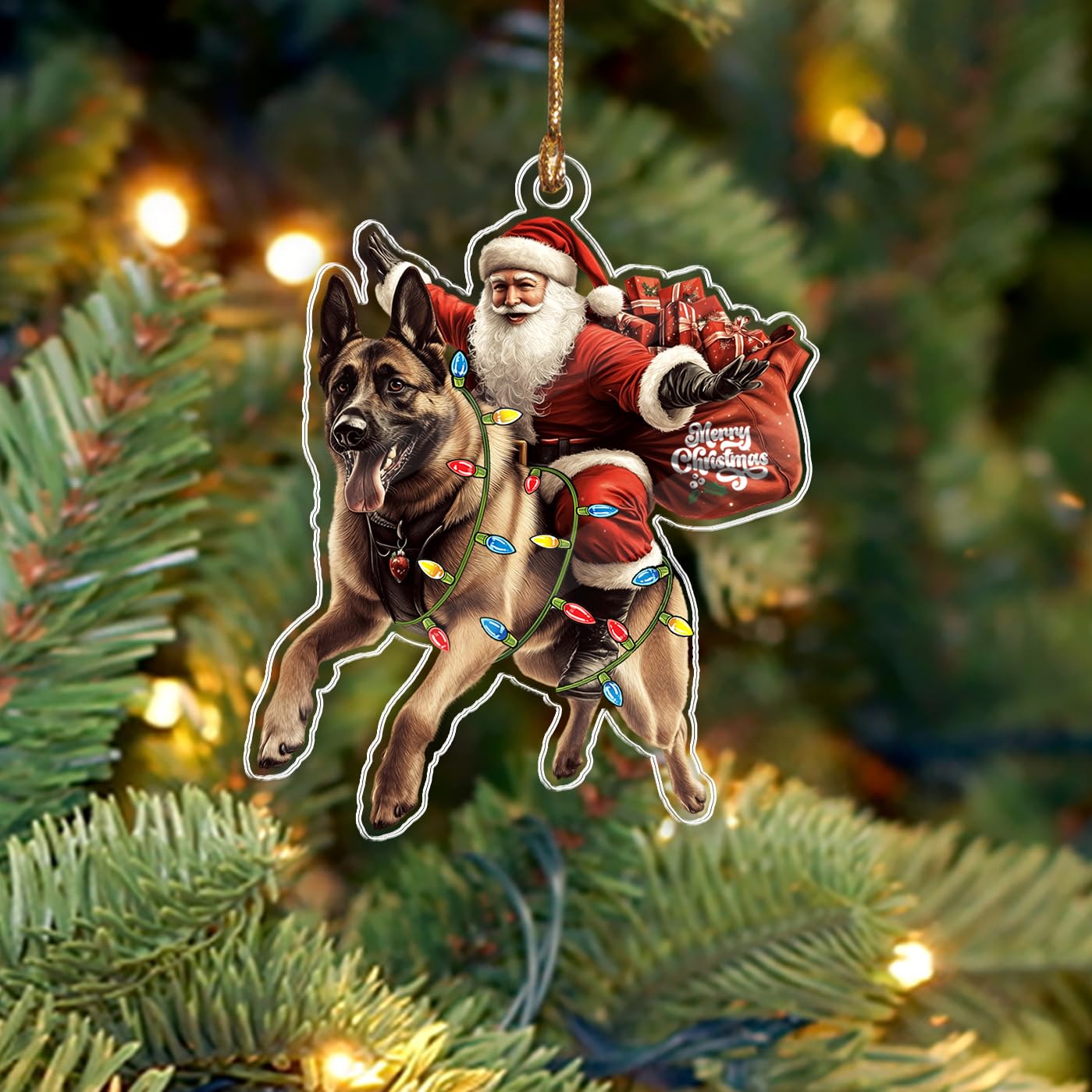 BEETHIS Funny Belgian Malinois Santa Christmas Ornament 2025 – 2D Flat Acrylic Santa and Dog Car Hanging Ornament Decoration for Dog Lover – Unique Belgian Malinois Xmas Decor 3.5''