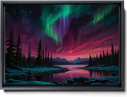 Aurora Borealis, Northern Lights Art, framed canvas print, snow capped mountain landscape art, synthwave vaporwave, Art Decor, Wall