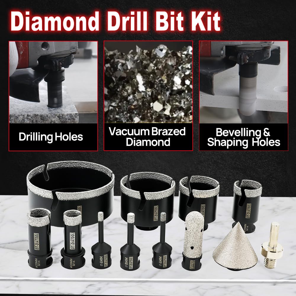 DT-DIATOOL Broca de diamante para azulejos de 12 piezas, M14 6/6/8/20/25/35/50/68/110 mm+fresa de dedo de 20 mm, fresa de bisel de 50 mm + adaptador para azulejos de porcelana, mármol y granito