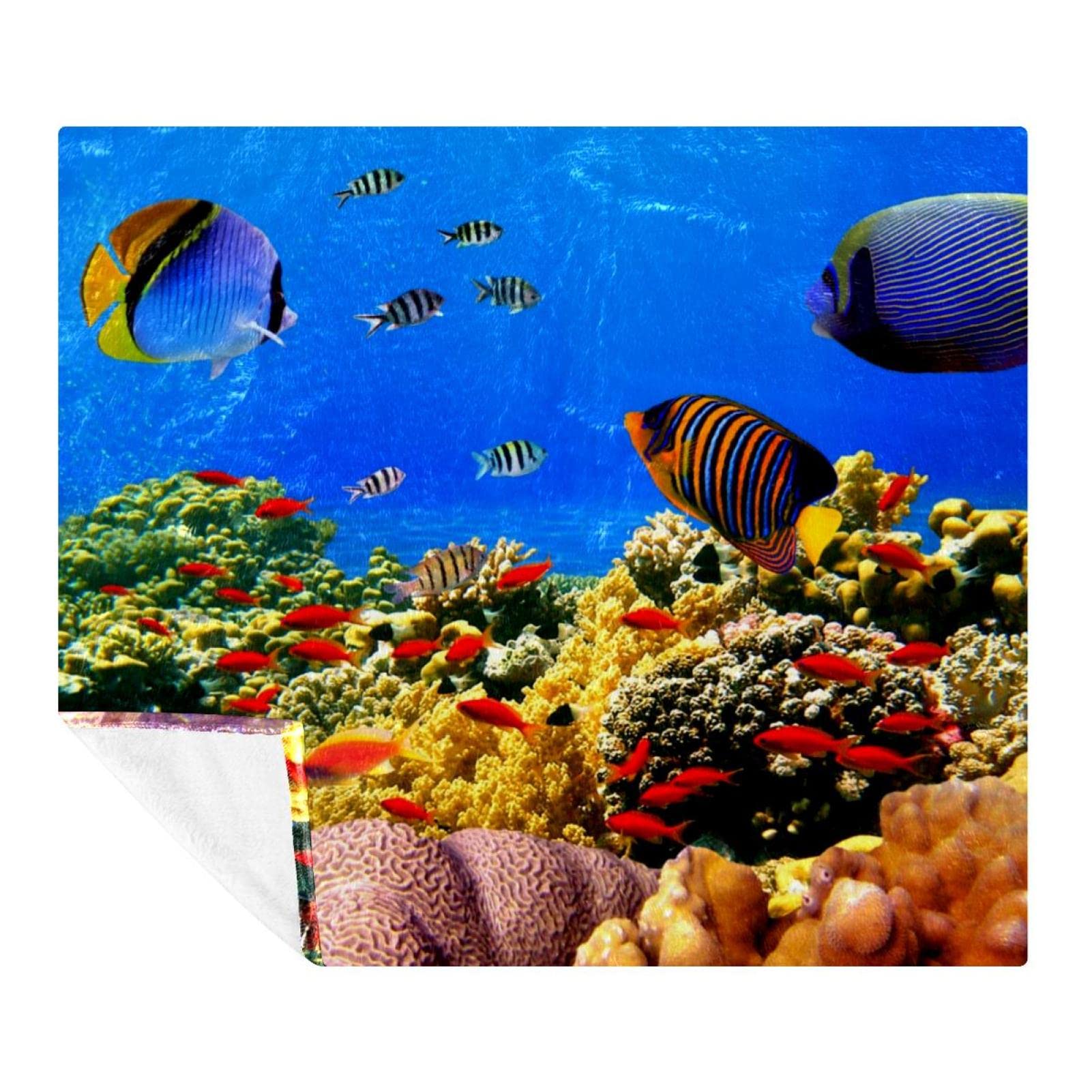Couverture polaire 3D poissons et corail plaid microfibre 150x130cm