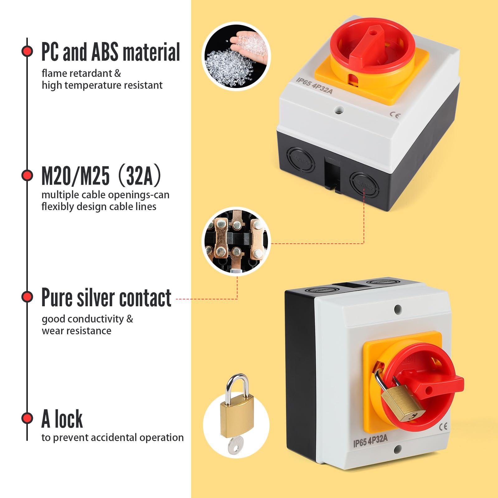 SWAWIS 32A Interruptor Principal Giratorio con Carcasa 4 Polos, IP65, Contactos de Plata Pura, para Conectar y Desconectar Circuitos Pequeños