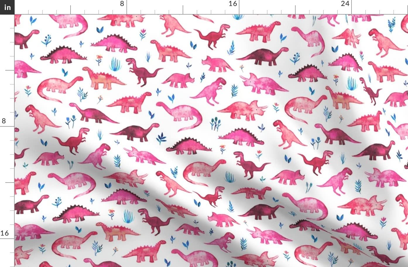 Spoonflower Fabric - Tiny Dinos Magenta Coral White Large Print Watercolor Dinosaurs Girl Printed on Organic Cotton Sateen Fabric by The Yard - Sewing Quilting Apparel Home Decor