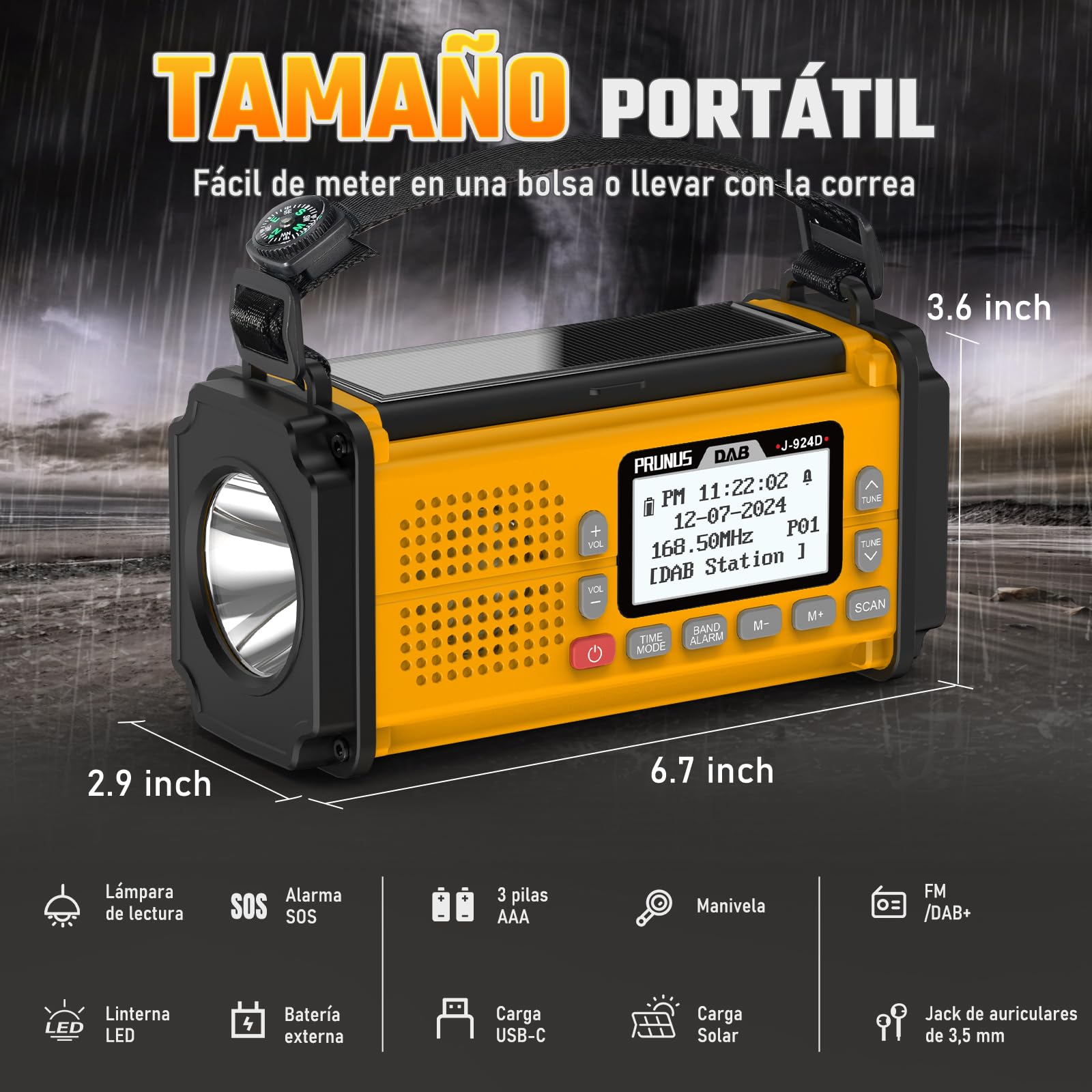 PRUNUS J-924 Dab/UKW Radio Digital con Función de Preselección, Radio Portatil Pequeña Recargable con Banco de Energía de 10000 mAh, Radio Solar y a Pilas, con Manivela,Linterna,SOS. (Amarillo)