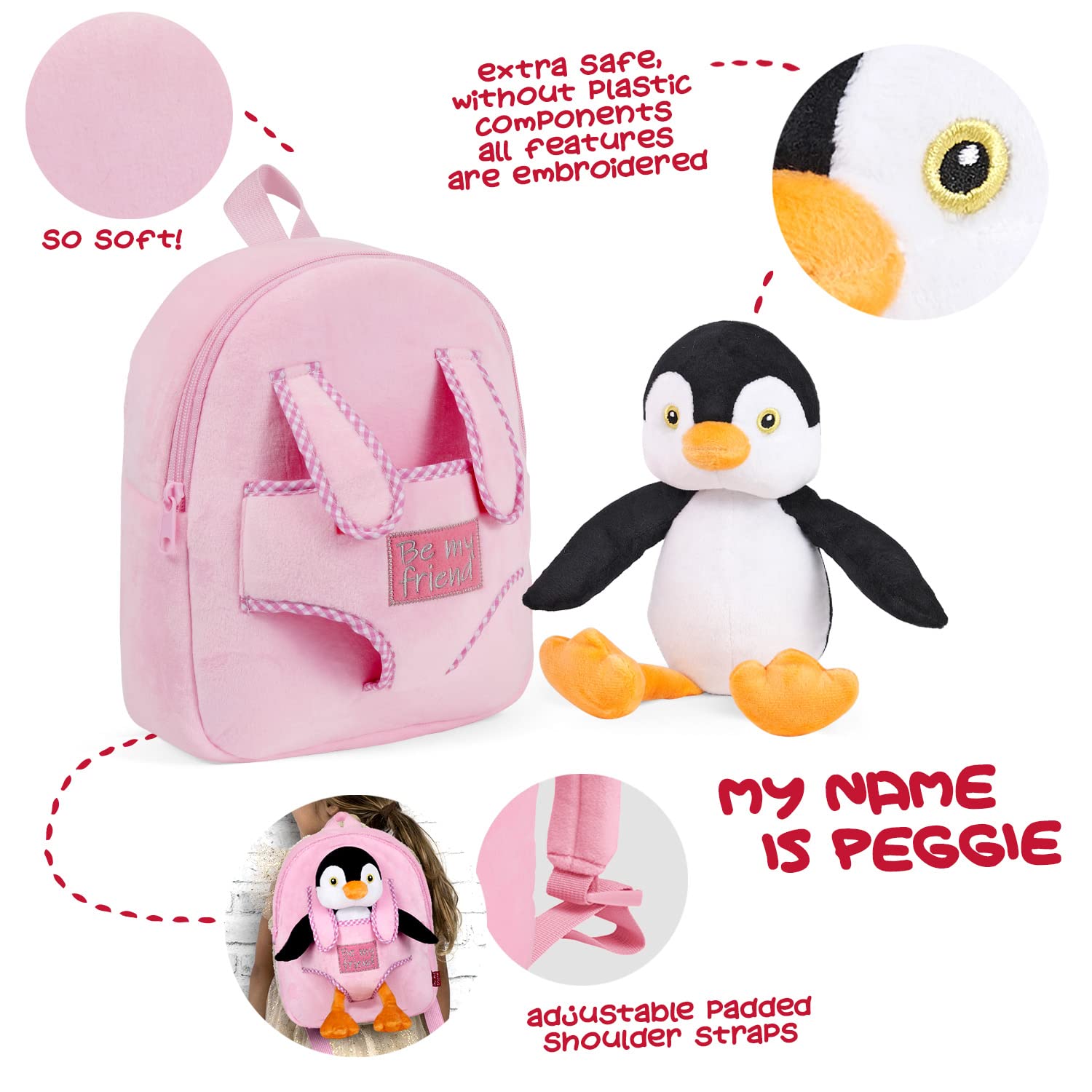 PERLETTI - Mochila Infantil Grande de Animal de Peluche - Bolso para Niños Niñas 3 4 5 Años con Muñeco Extraíble para Escuela Guarderia Viaje - Bolsa Escolar Suave - 21x27x9 cm