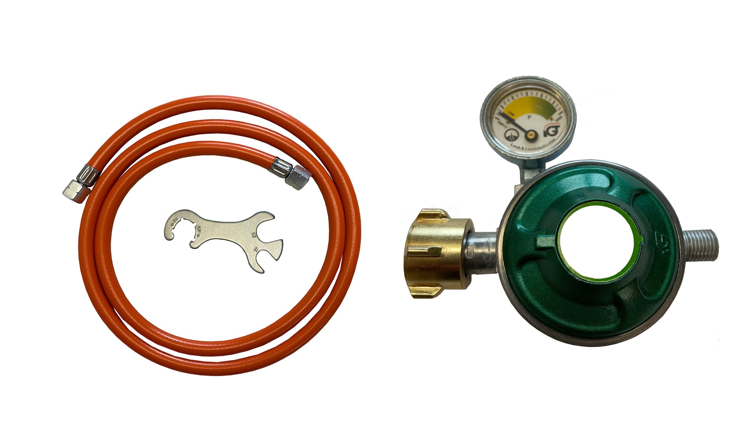 Druckregler 30 mbar mit Manometer & ÜDS - Gasschlauch mit Druckminderer 80 cm Orange + Gasflaschenschlüssel, Propan/Butan, -30°C