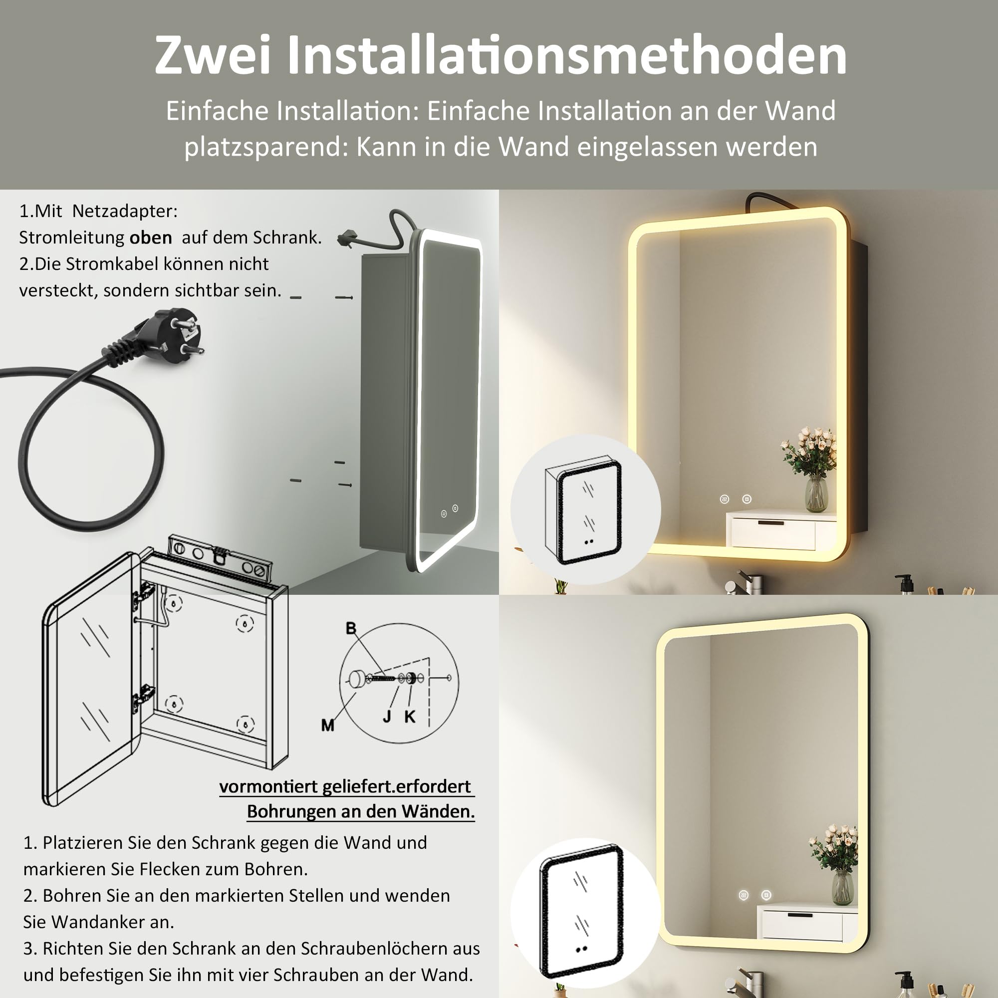 Spiegelschrank Bad mit Beleuchtung 50x70 cm Badezimmerschrank