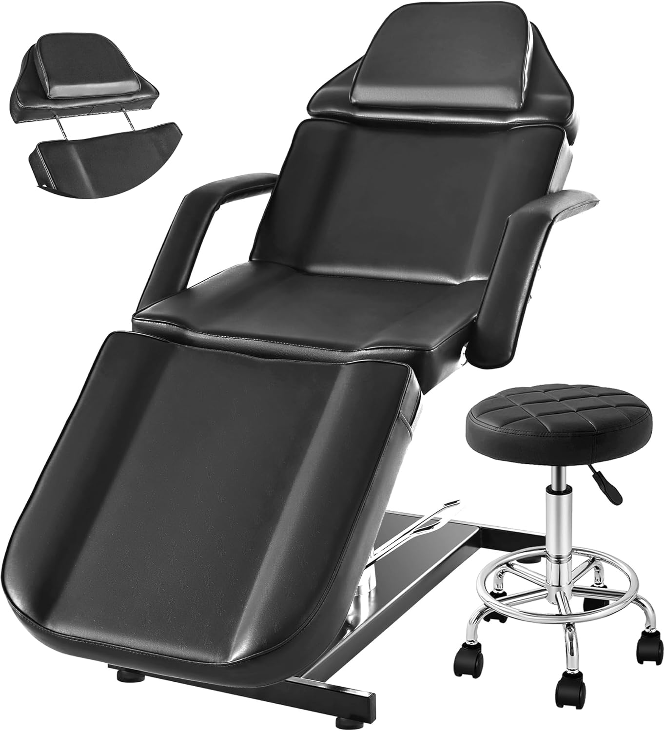 Tattoo Chair Facial Bed for Esthetician with Extendable Headrest 360° Swivel Upgraded Hydraulic Spa Lash Chair Tattoo Bed for Client with Rolling Stool Adjustable 3 Section Artist Spa Salon Equipment