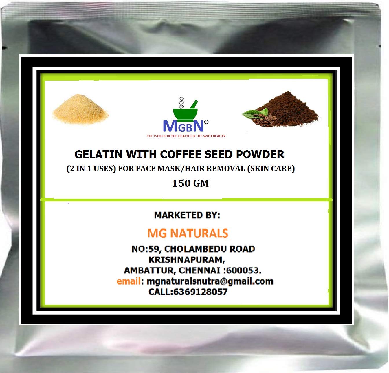 GELATIN WITH COFFEE SEED POWDER (2 IN 1 USES) FOR FACE MASK/HAIR REMOVAL (SKIN CARE)150 GM