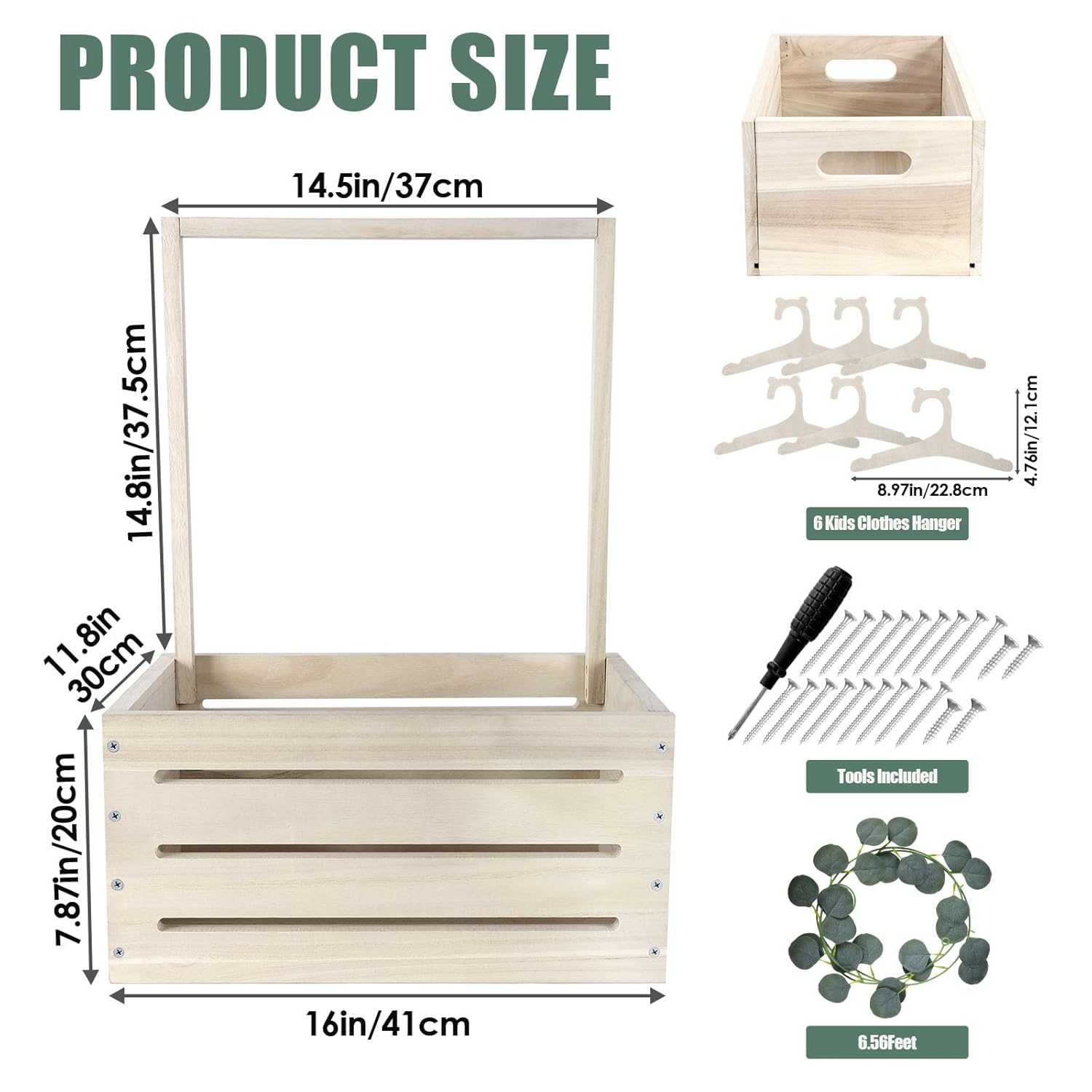 Okydoky Wooden Baby Shower Basket Crate Wardrobe, Gift Basket with Handle, Clothes Hanger and Garland, Storage Personalized Basket for Pregnant New Parents NO.LPL，Wood1