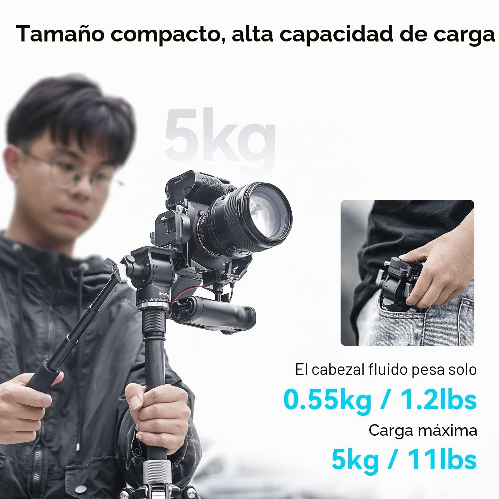 SMALLRIG Cabezal de Video, Cabezal Fluido de Inclinación y Giro de Trípode con Mango Telescópico y Placa QR Conmutable para Arca, Carga Máxima de 5kg/11libras para videocámara, sin espejo, DSLR - 4104