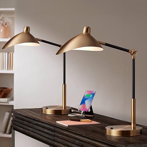 360 Lighting Colborne - Juego de 2 lámparas de escritorio modernas de mediados de siglo de 28 pulgadas de alto con puerto USB, pantalla de metal