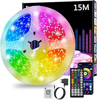 Led Strip 15m, RGB Led Streifen, Bluetooth Smart Led Band Selbstklebend, Led Leiste mit Fernbedienung und APP, Led Lichtband Dimmbar, Musik Sync, Timer-Einstellung für Gaming Zimmer, Küche, Party…