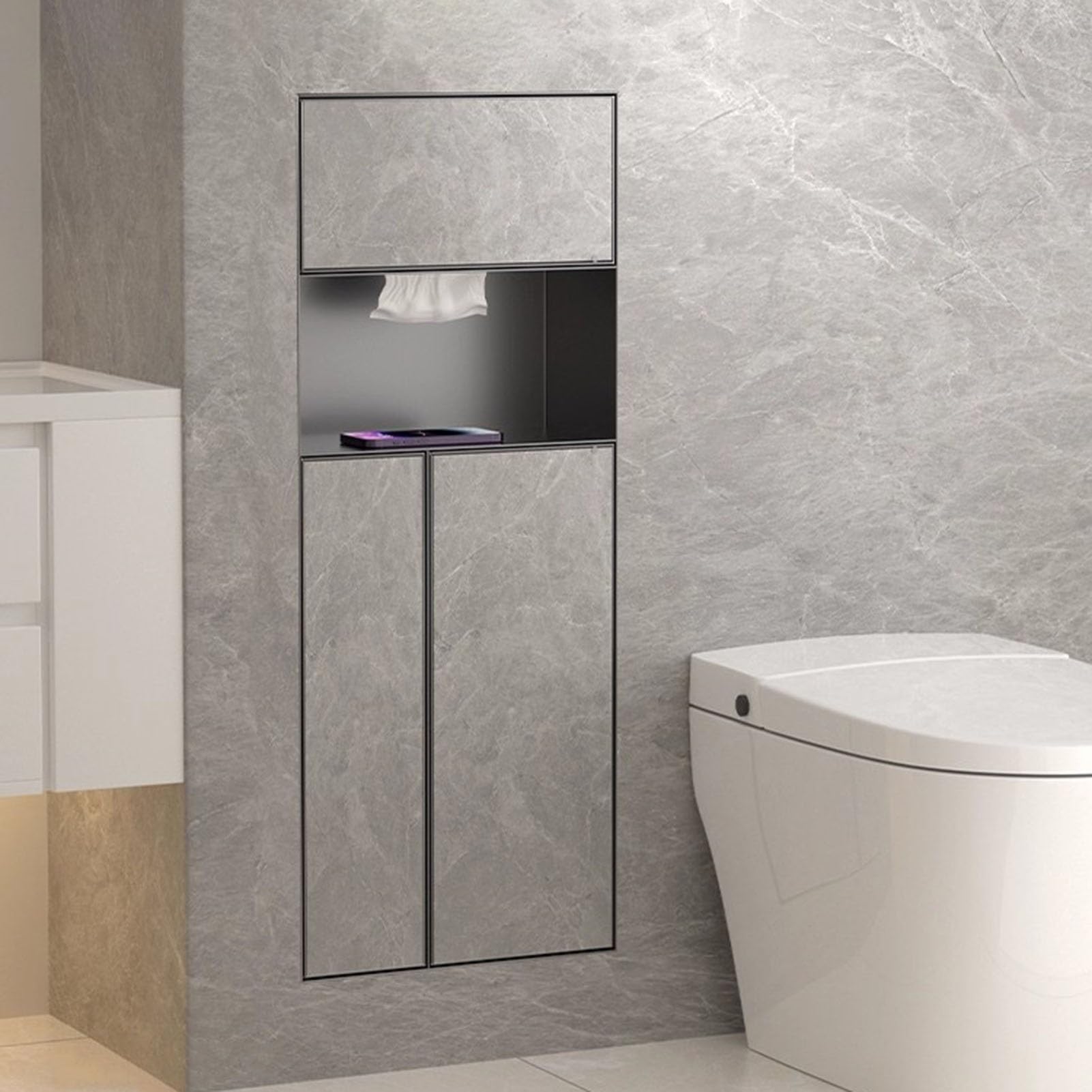 Vibeo Portarrollos Empotrable Portarrollos de Papel Higiénico Empotrado con Estante, Acero Inoxidable 304, Nicho de Pared Impermeable para Baño con Estante para Papel