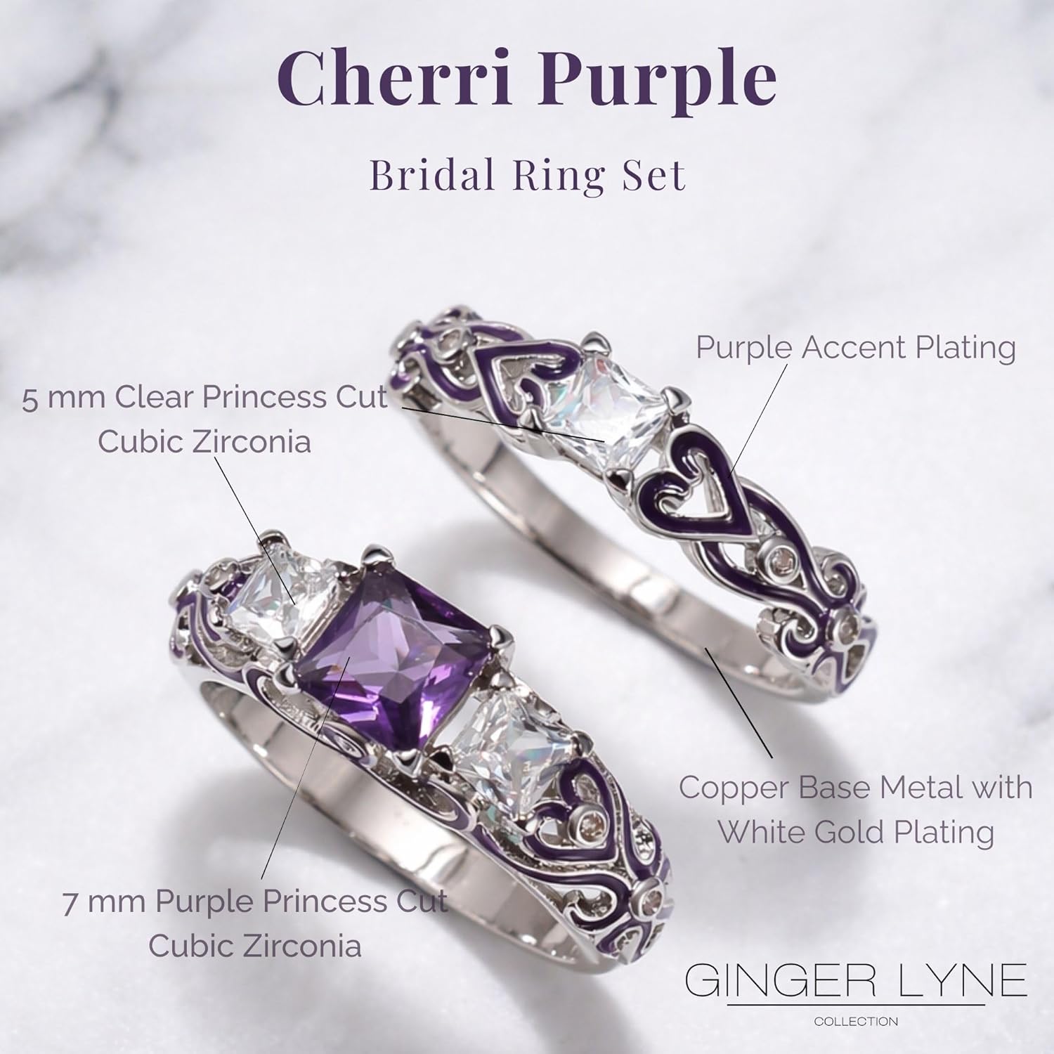 Cherri Wedding Ring Set for Women by Ginger Lyne | Purple Princess Cut Engagement Ring with Matching Wedding Band Cubic Zirconia Promise or Bridal Set