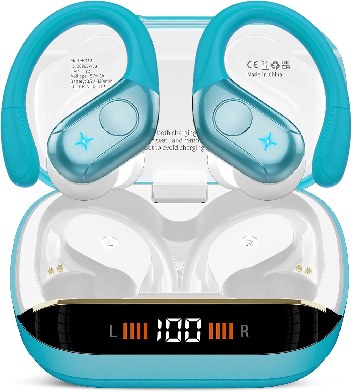 Wireless Earbuds, 75H Bluetooth 5.4 Headphones, Sport Wireless Earphones with 4 ENC Mic, Stereo Bass, IP7, Bluetooth Earbuds with Earhooks for Workout/Running/Work, Dual LED Display Ear buds, Cyan