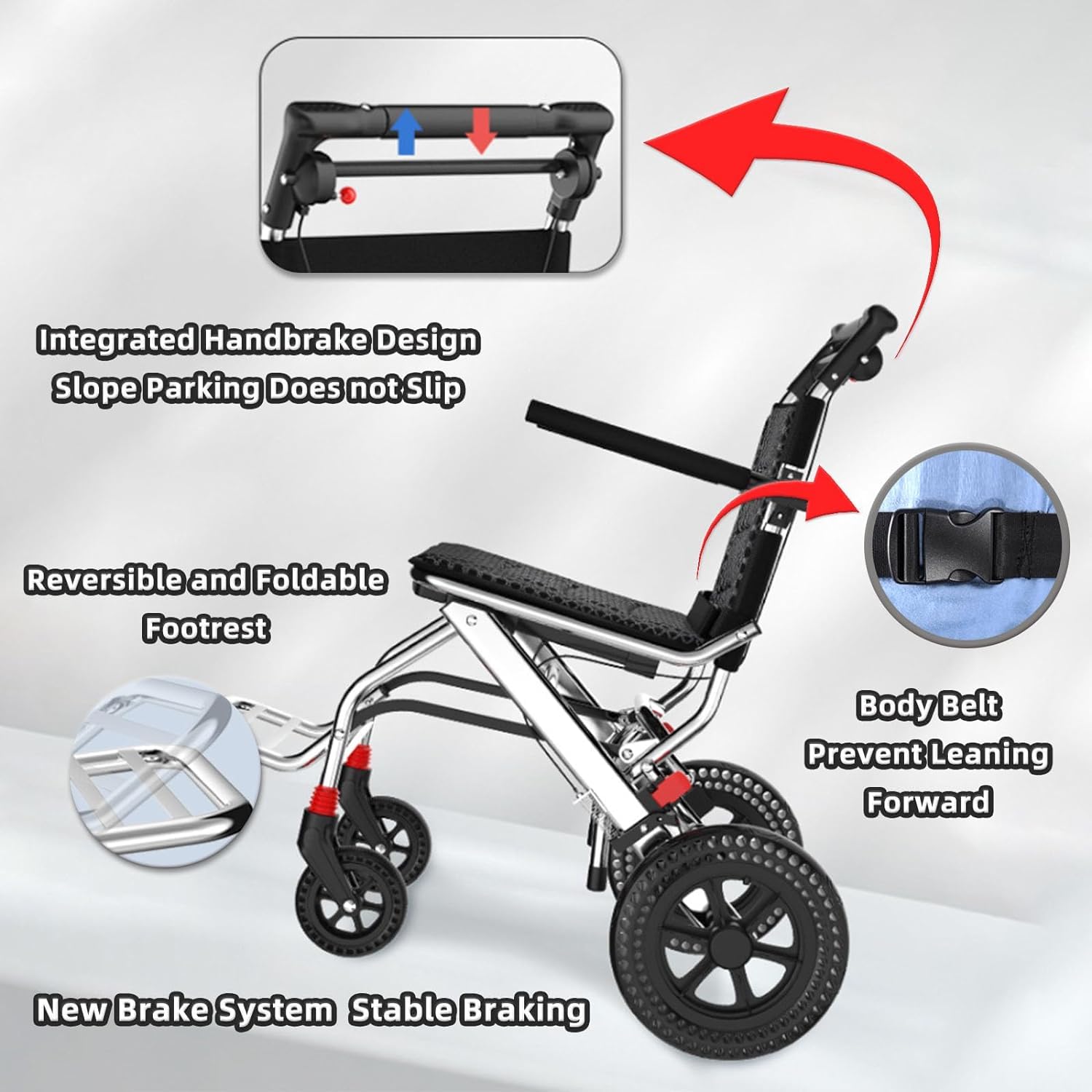 Silla de ruedas plegable ligera con frenos de mano, soporta 220 libras, silla de ruedas de aluminio para adultos y personas mayores, silla de ruedas de viaje de transporte, cinturón de seguridad,