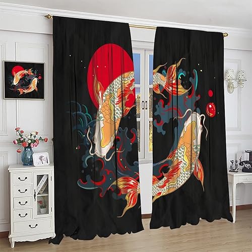 Vista 26 de Cortinas japonesas de pez koi, estilo asiático Koi Big Wave Koi, cortina con bolsillo para cortinero para dormitorio, cocina, sala de estar, Koi