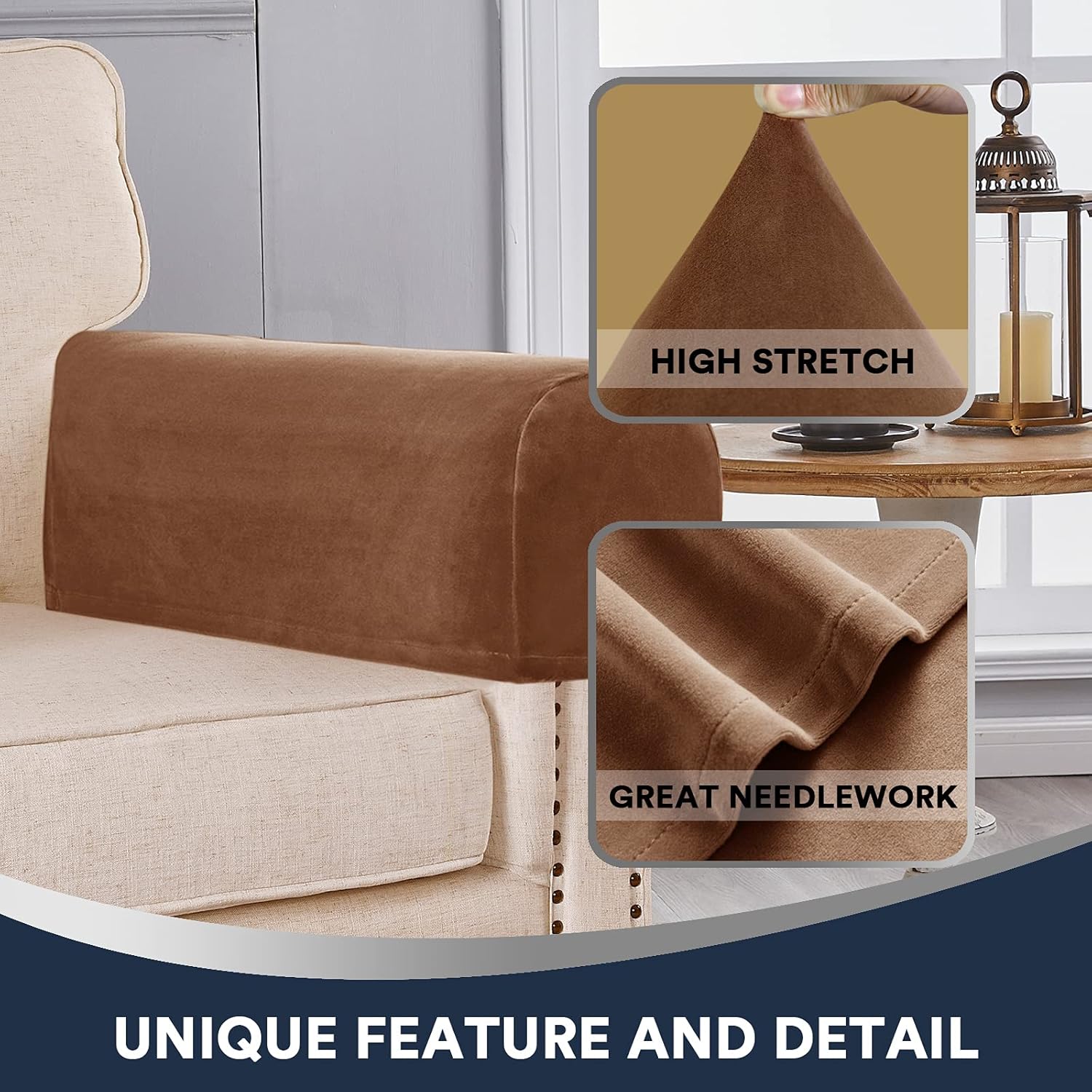Stretch Velvet Plush Armrest Covers for Chairs and Sofas - Anti-Slip Couch Protector With Sticker - Furniture Arm Cover for Recliner, 4 Pieces, Camel