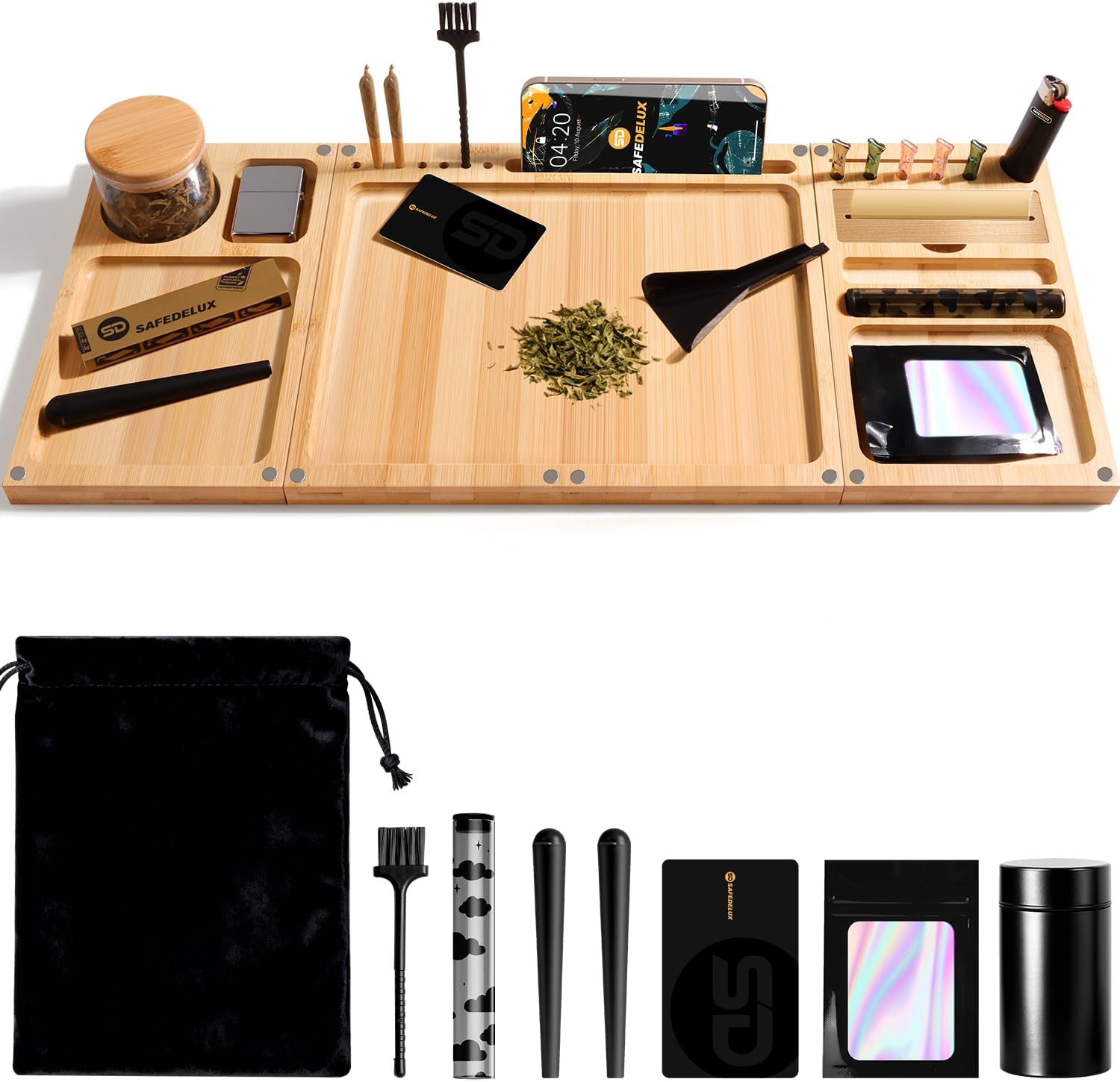 Large Wooden Rolling Tray Set with Airtight Tube & Cleaning Brush, Smooth-Finish Wood Tray for Easy Use, Travel-Friendly Storage Organizer, Great Holiday Gift (Large Black Combo)
