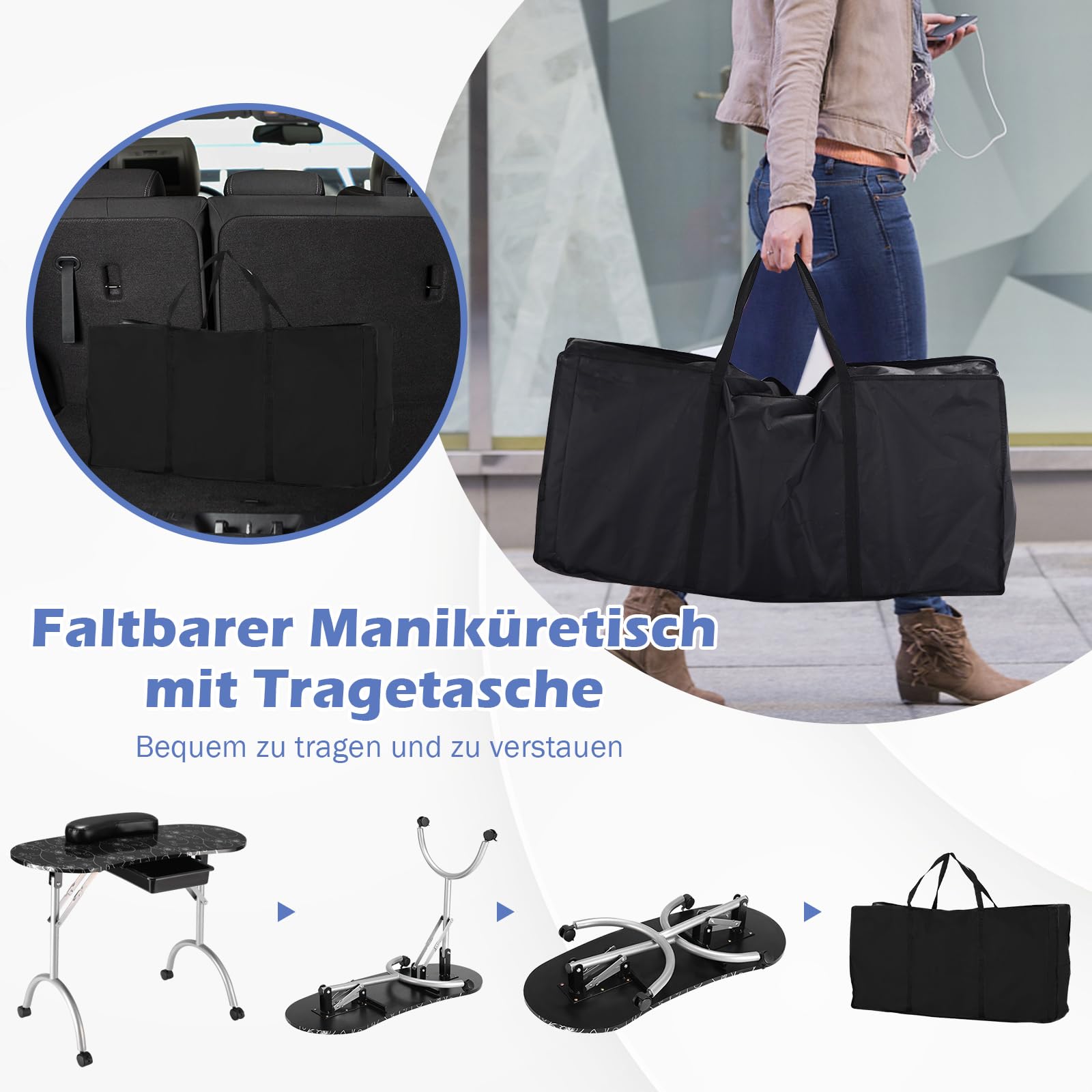 COSTWAY Maniküretisch inkl. Handgelenkauflage, tragbare Nageltisch Kosmetiktisch, Mobilesmanikürtisch Workstation mit Tasche 90 x 37 x 69cm