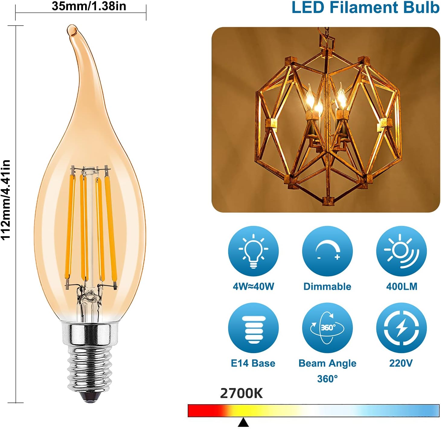 ProCrus E14 LED Light Bulb,4W Dimmable Candle Vintage Lamp,Small Edison Screw SES LED Bulb Candle Shape for Chandelier,2700K Warm White,4W LED Bulb Replaces 40 Watt,400LM,Dimmable,Amber,Pack of 6 - Image 3