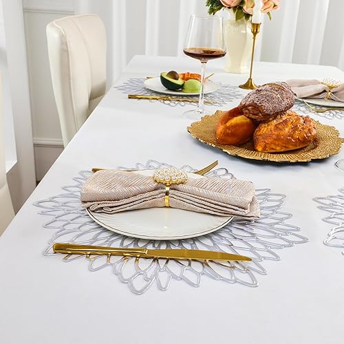 Miniatura 9 de U'Artlines 6 pares de manteles individuales huecos florales plateados con posavasos a juego, total de 12 manteles individuales de vinilo laminado