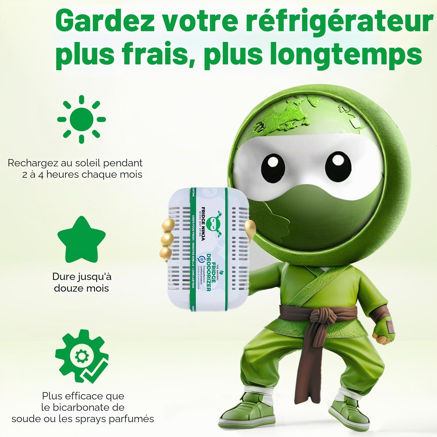 Fridge Ninja Désodorisant et désodorisant pour réfrigérateur – Charbon actif naturel non parfumé, dure 12 mois, éliminateur d'odeurs, absorbeur de parfum, accessoires de réfrigérateur pour la