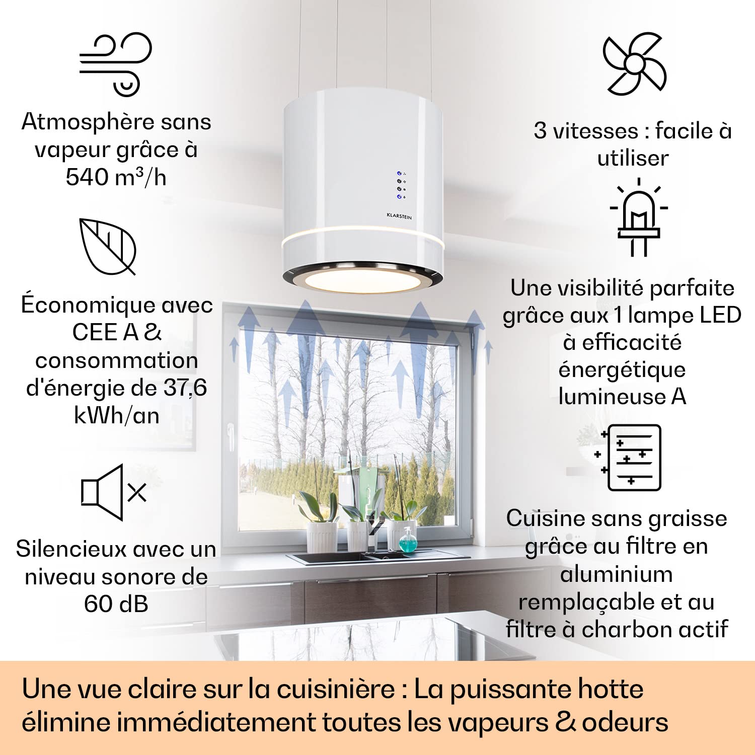 Klarstein Hotte Aspirante Ilot Central de Cuisine Silencieuse et Design, Débit d'air 521m³/h, Minuteur, 3 Modes, Contrôle via Application Mobile, Hotte Aspirante Suspendue Sans Evacuation et Charbon