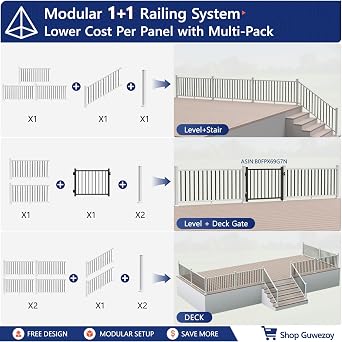 W.6ft x H.36in Modular Aluminum Deck Railing Kits with White Post