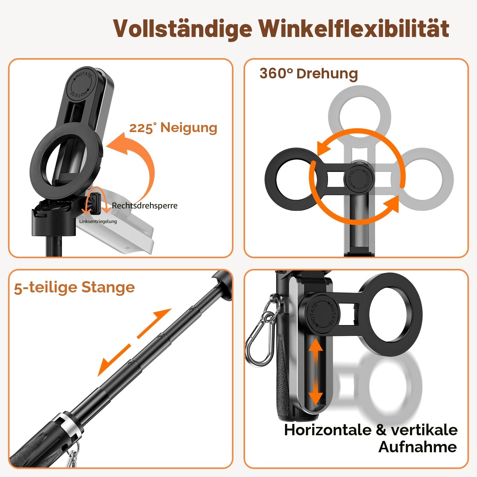 CloudValley Magnetischer Mini Selfie Stick Stativ, 4-in-1 Handy Stativ mit Bluetooth Fernbedienung, 360° Drehung, Faltbarem Griff & Taschenformat, Kompatibel mit iPhone & Android für Vlog/Foto
