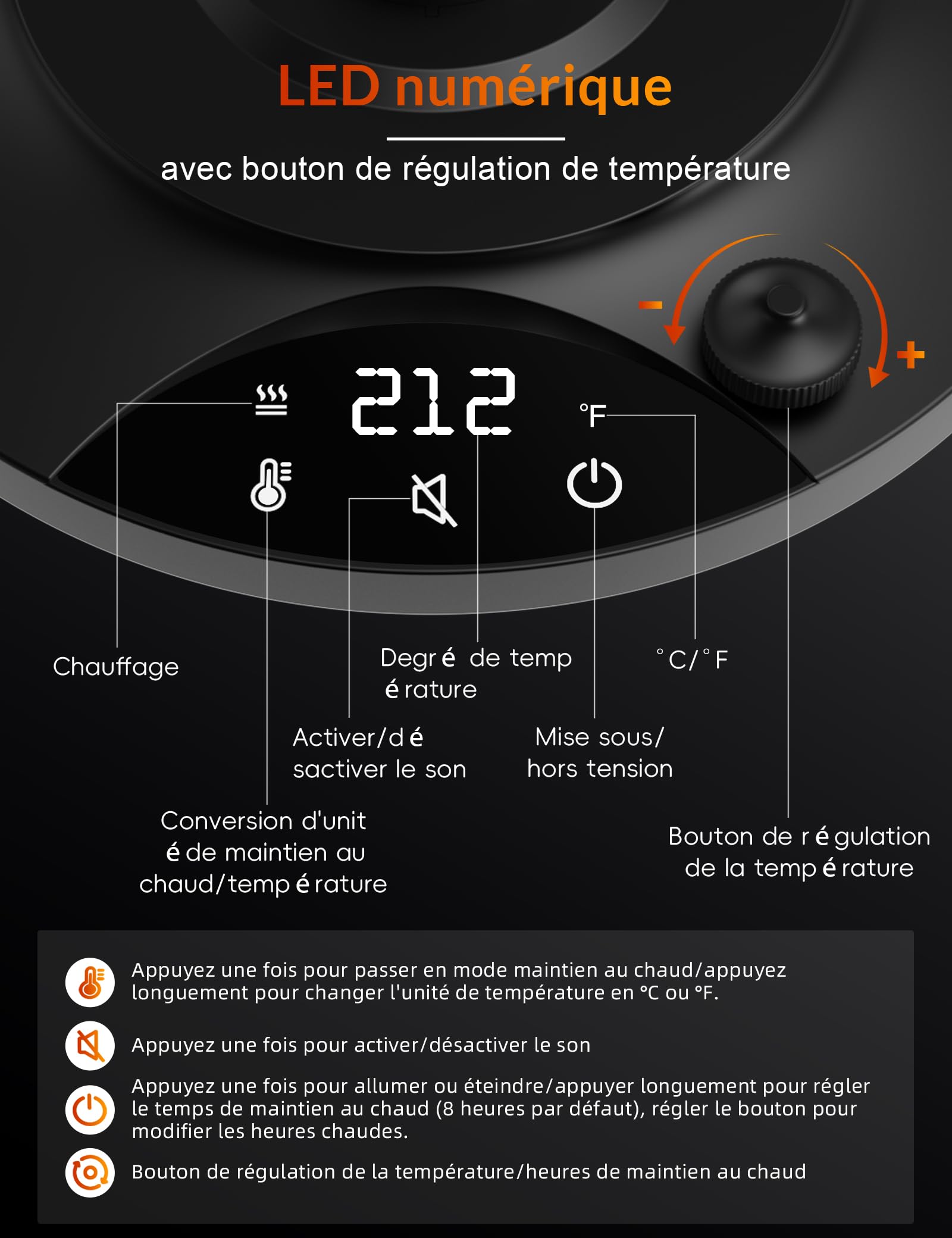 Bouilloire électrique en acier inoxydable avec réglage de la température, Bouilloire à col de cygne, Fonction de maintien au chaud pendant 24 heures, Bouilloire électrique de 1200W avec