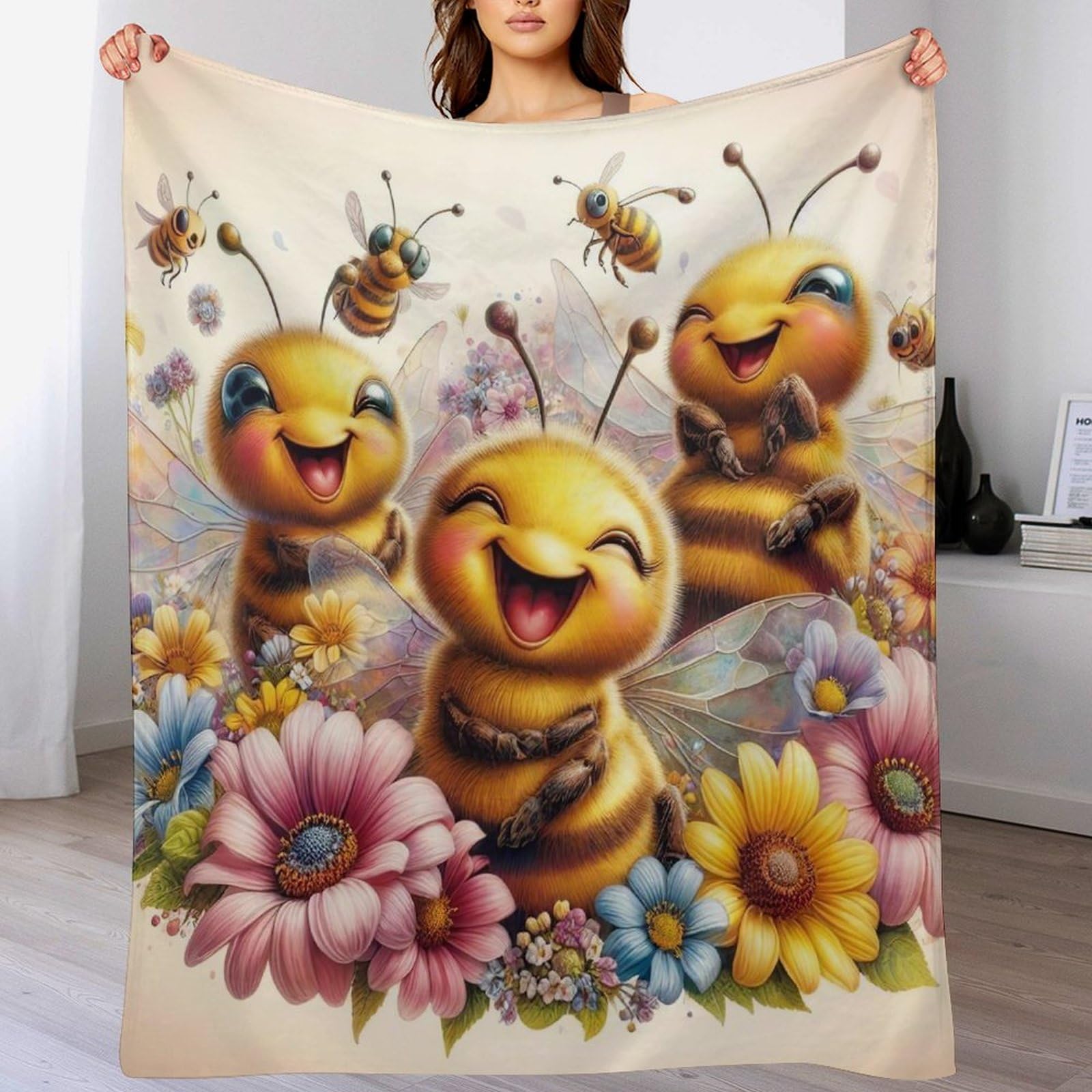 Couverture polaire abeille mignonne 100x130 cm plaid canapé jaune