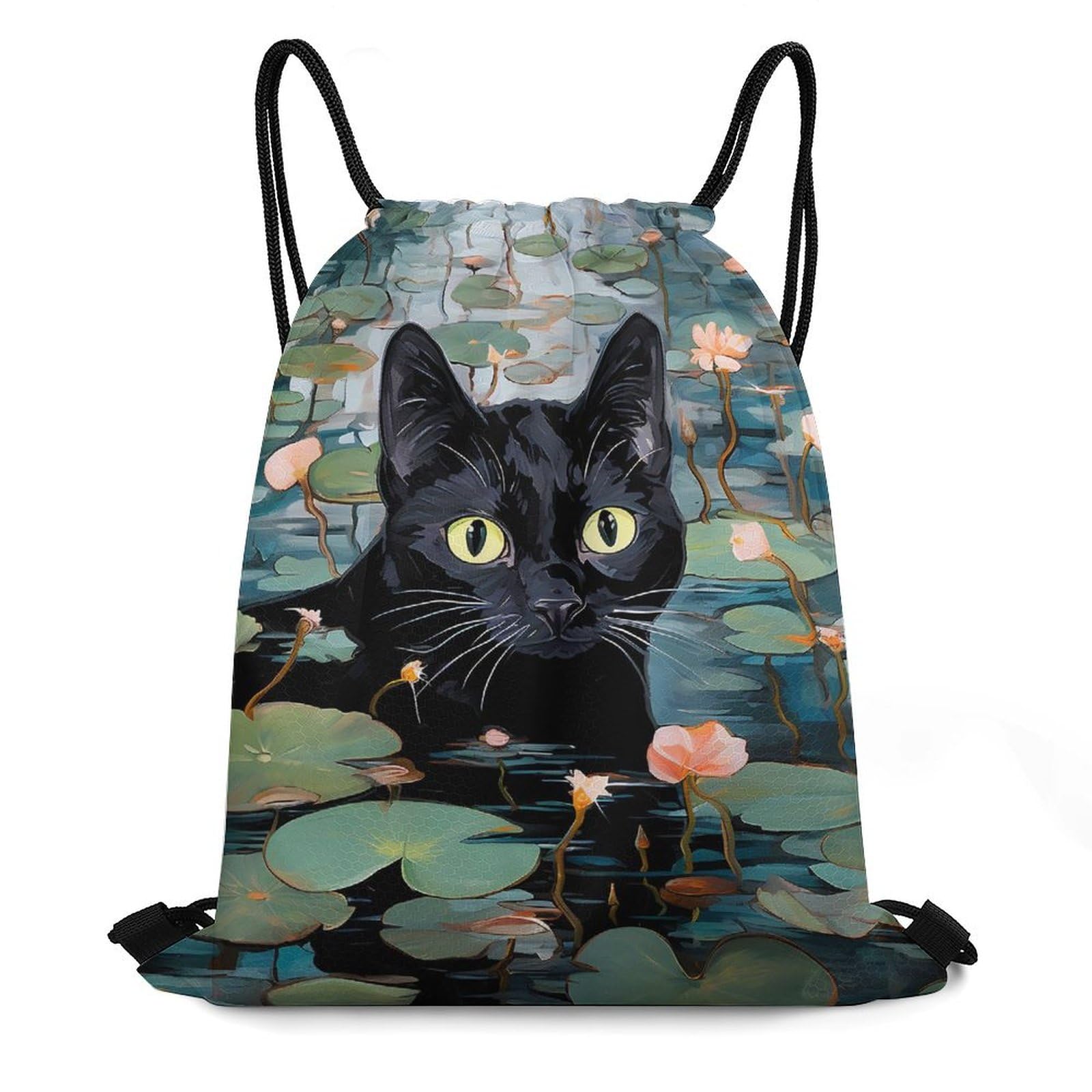Funny Black Cat Water Lillies Drawstring Backpack Durable Sport Gym Bags Daypack for Men Women 35 * 42cm